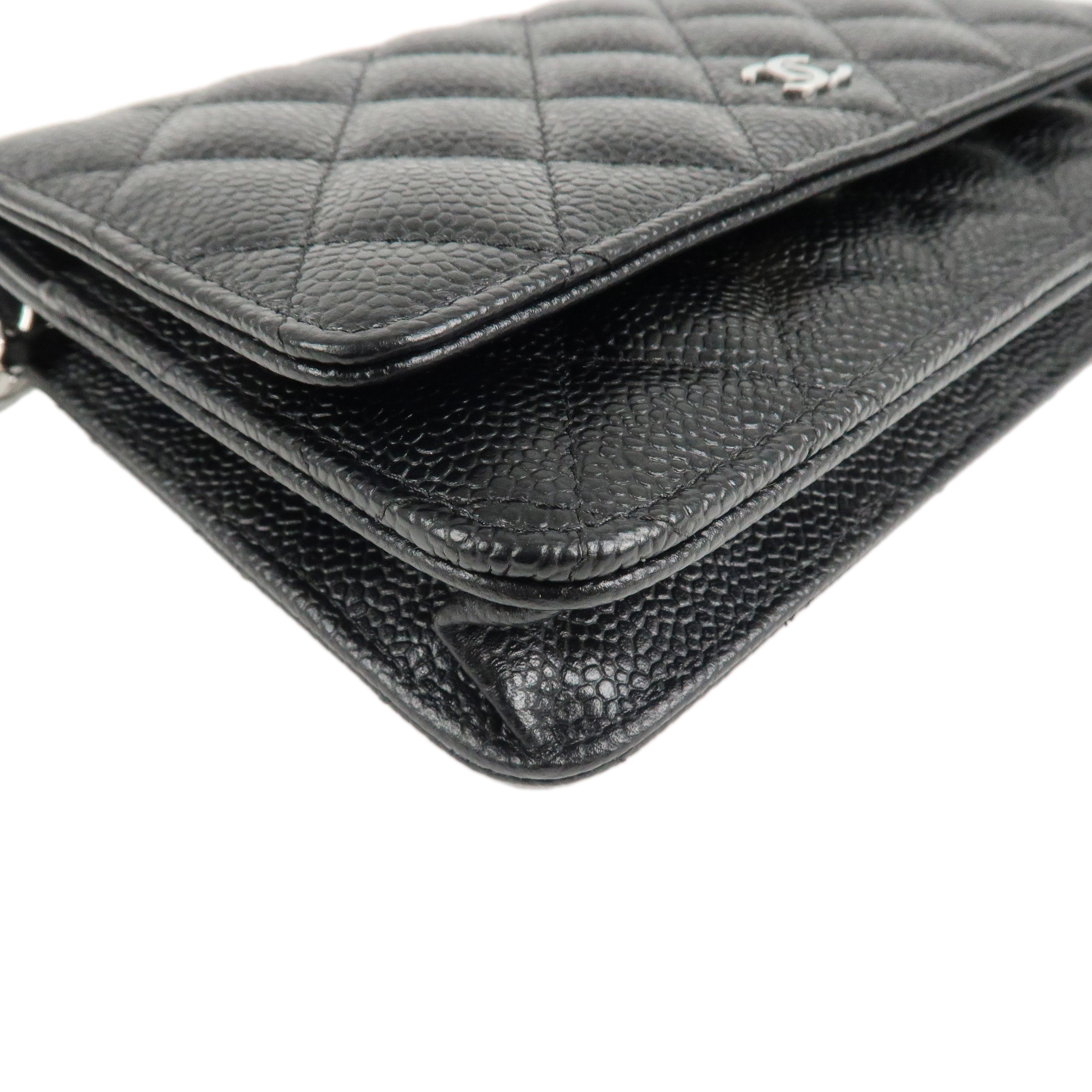 CHANEL Caviar Skin Chain Shoulder Wallet Purse Black Silver AP0250 Used