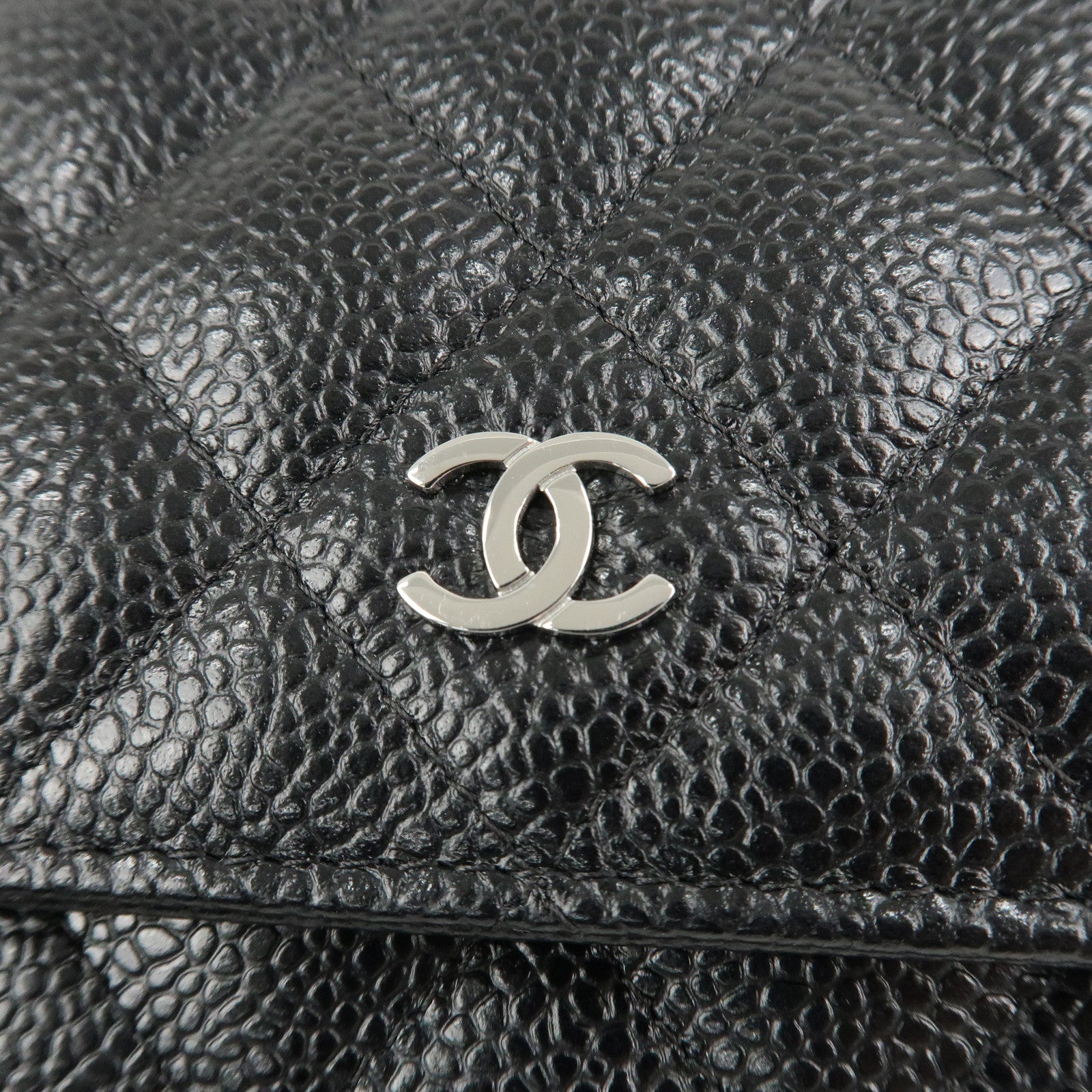 CHANEL Caviar Skin Chain Shoulder Wallet Purse Black Silver AP0250 Used
