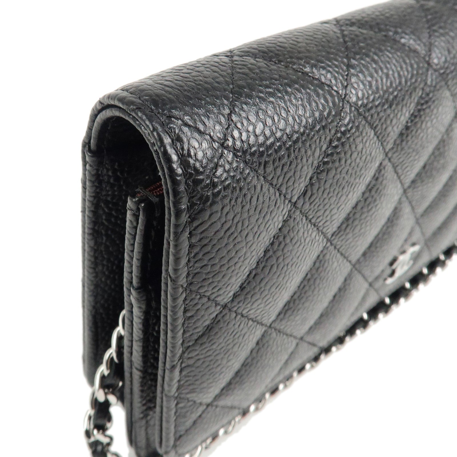 CHANEL Caviar Skin Chain Shoulder Wallet Purse Black Silver AP0250 Used