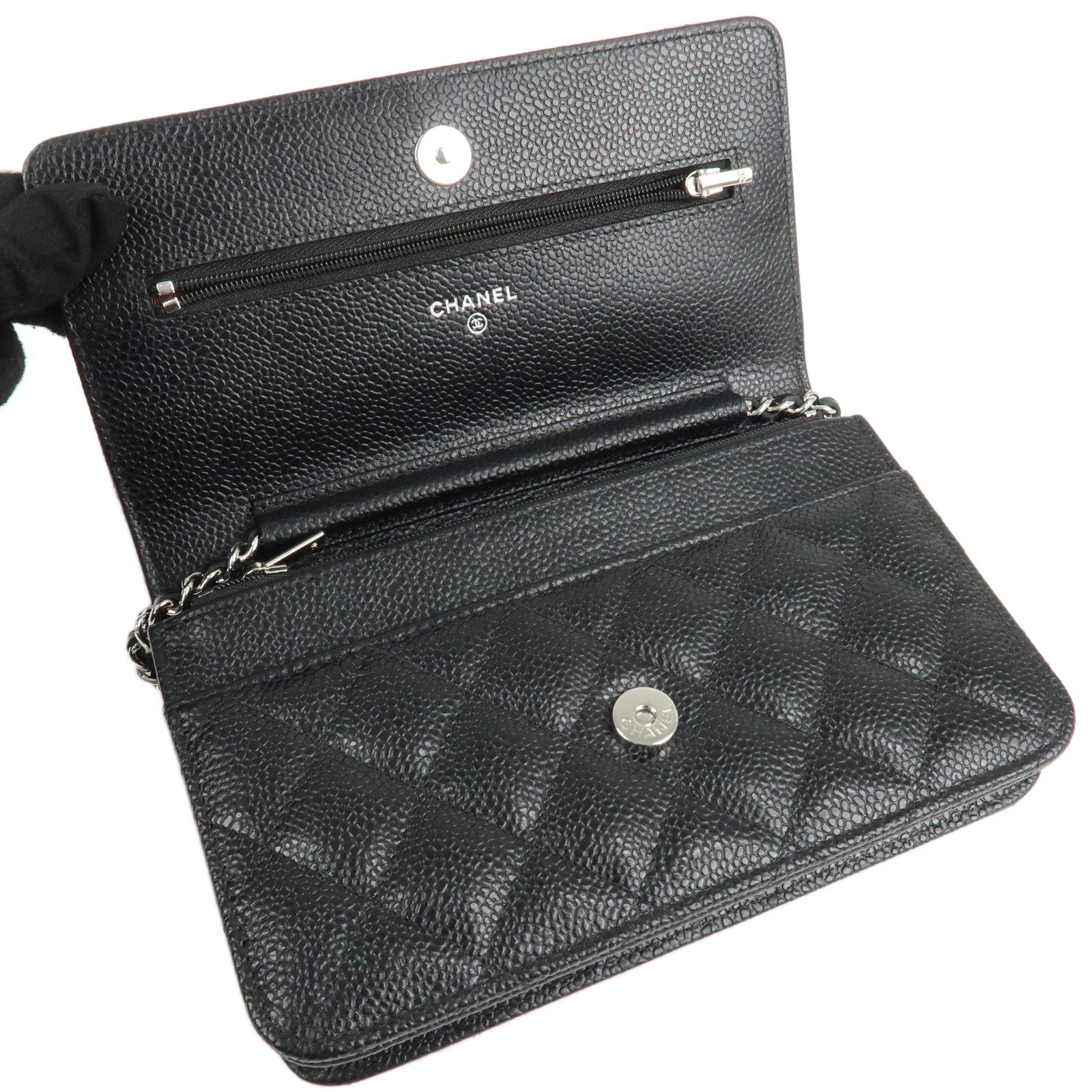 CHANEL Caviar Skin Chain Shoulder Wallet Purse Black Silver AP0250 Used