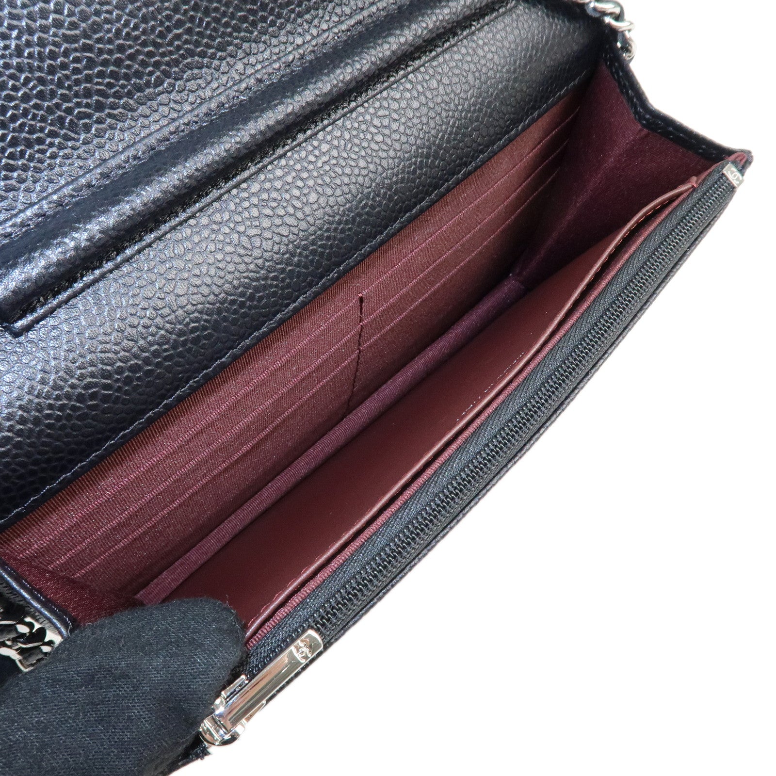 CHANEL Caviar Skin Chain Shoulder Wallet Purse Black Silver AP0250 Used