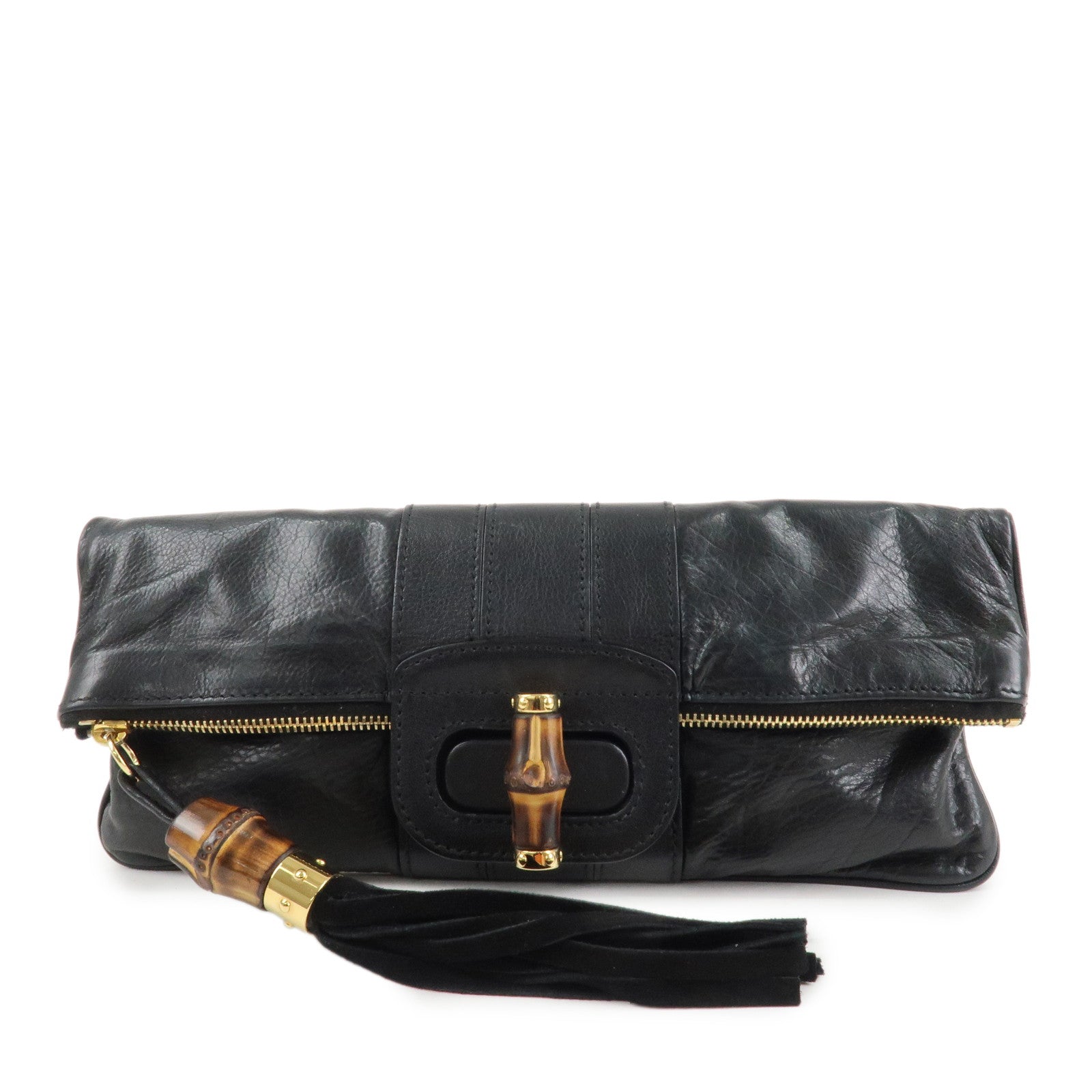 GUCCI Bamboo Leather Clutch Bag Black Gold Hardware 218496 Used