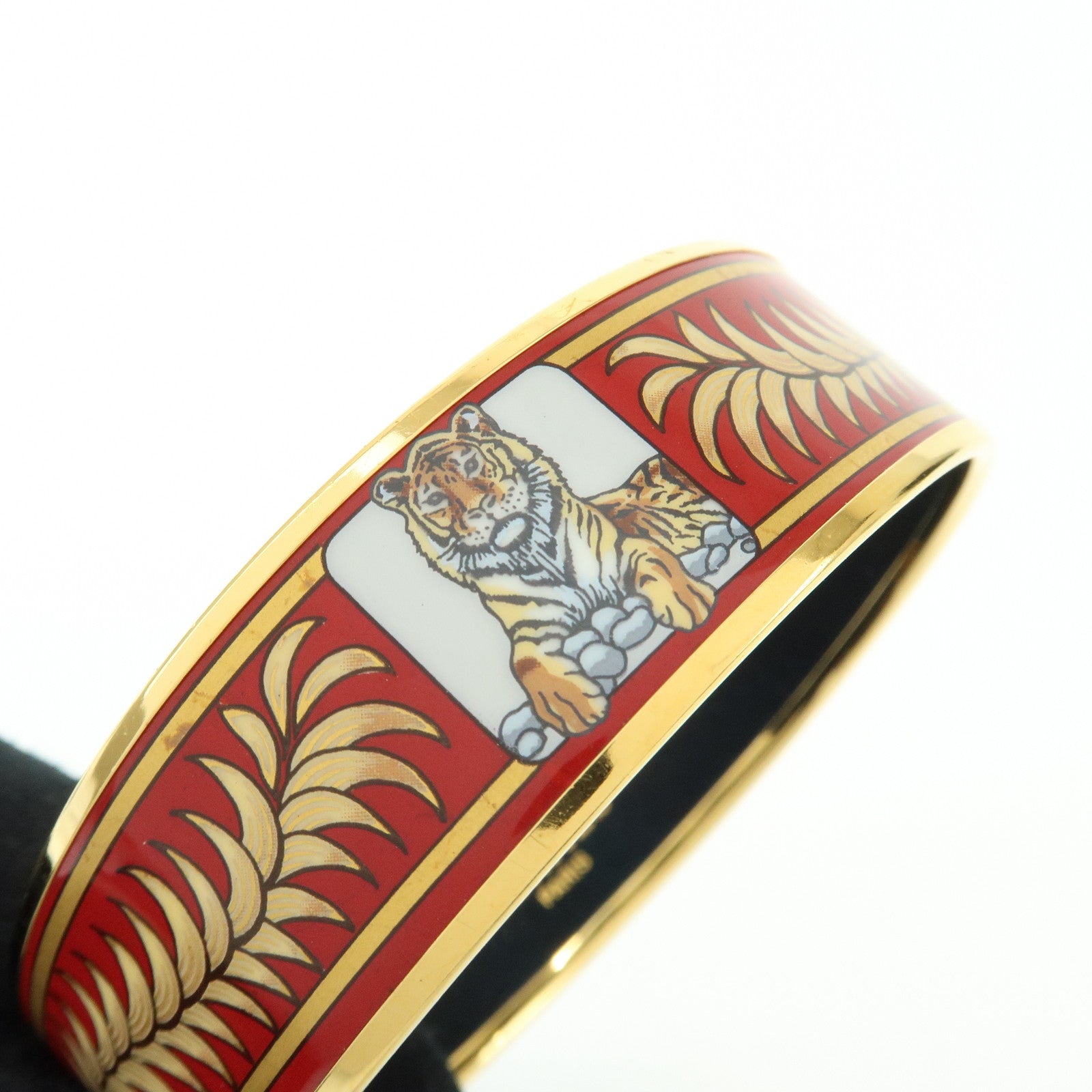 HERMES Email MM Gold Plated Bangle Bracelet Tiger Motif Red Gold