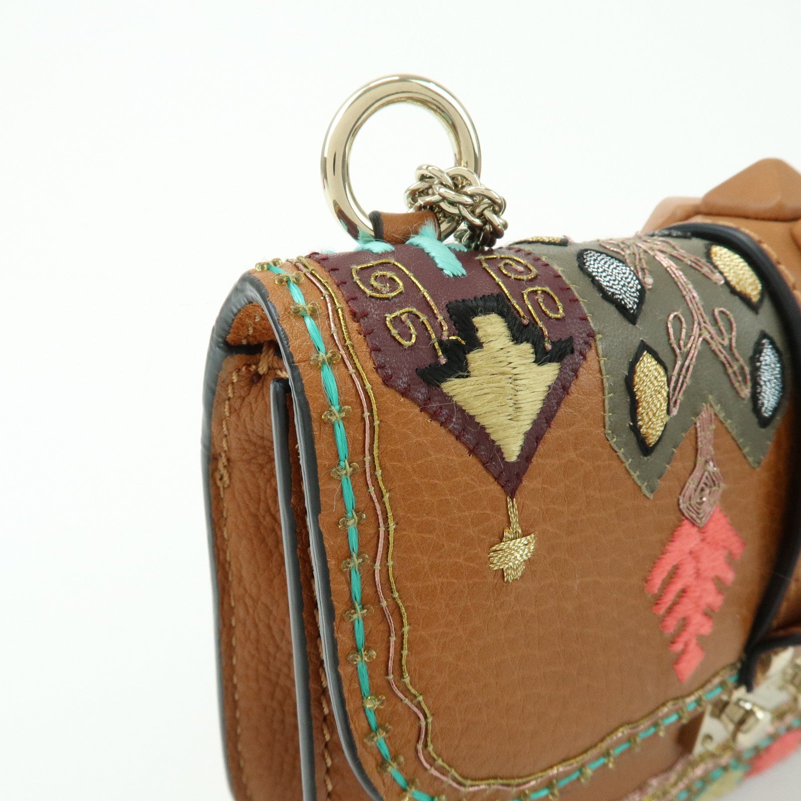 VALENTINO Glam Lock Embroidery Leather Chain Shoulder Bag Brown