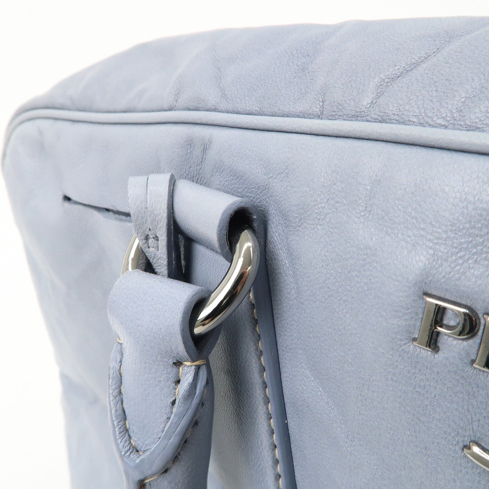 PRADA Logo Leather Shoulder Bag Hand Bag Blue BL094F Used