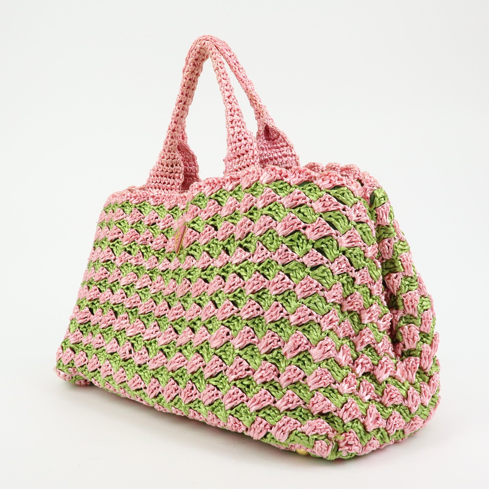 PRADA Triangle Logo Canapa Raffia Tote Bag Hand Bag Pink Green