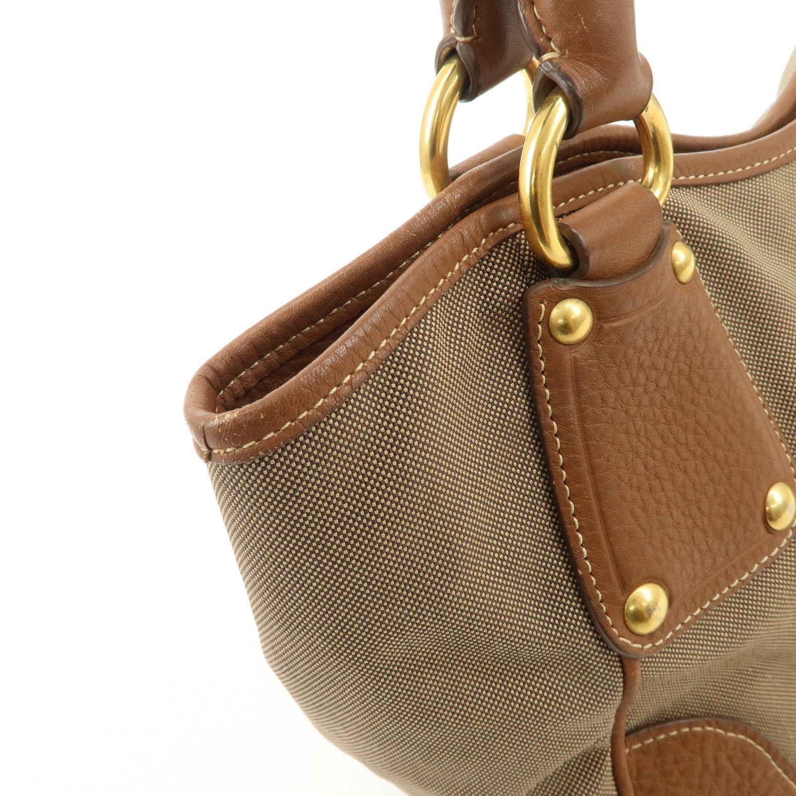 PRADA Logo Jacquard Leather Tote Bag Hand Bag Brown BR4635 Used