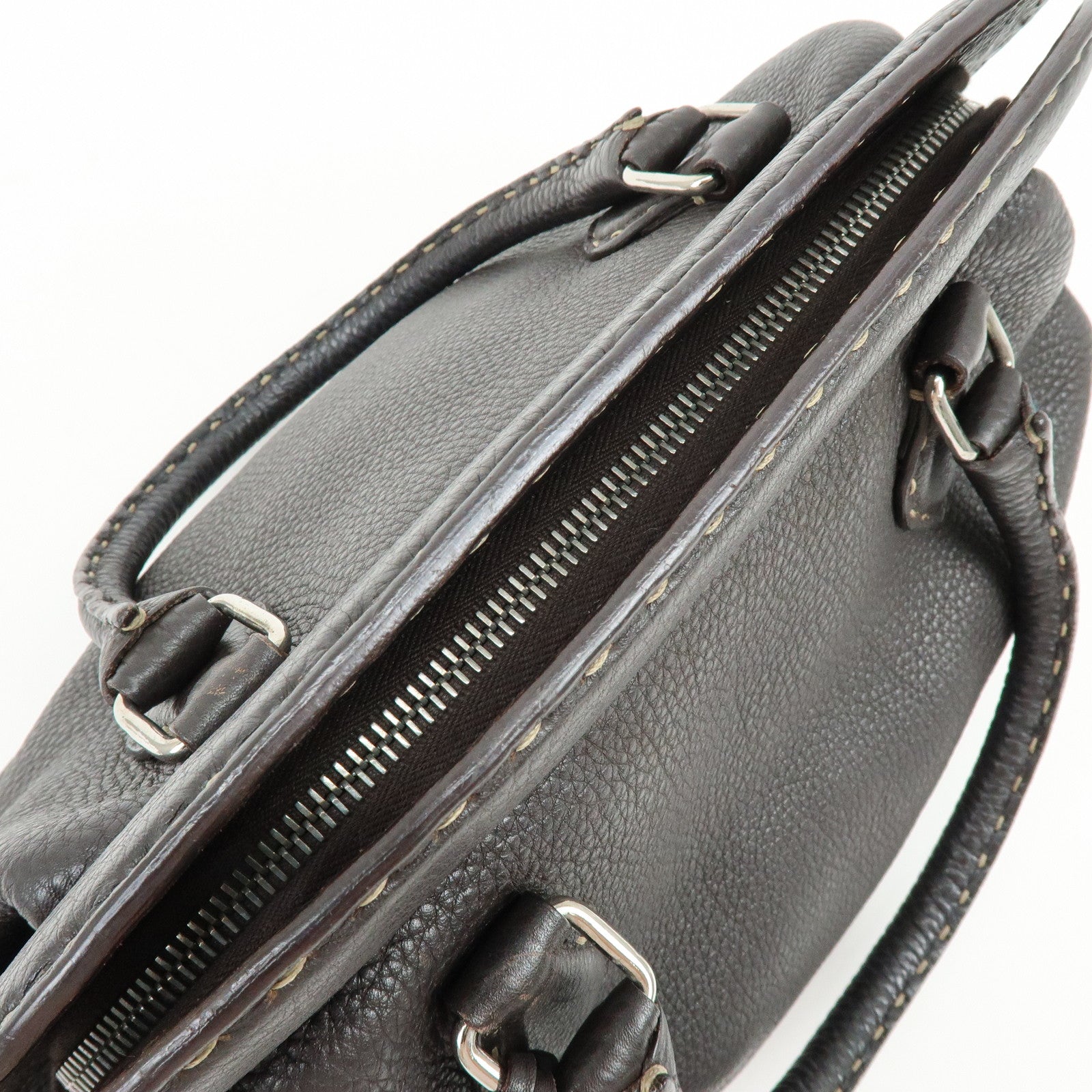 FENDI Selleria Stitches Leather Boston Bag Hand Bag Dark Brown 8BN127