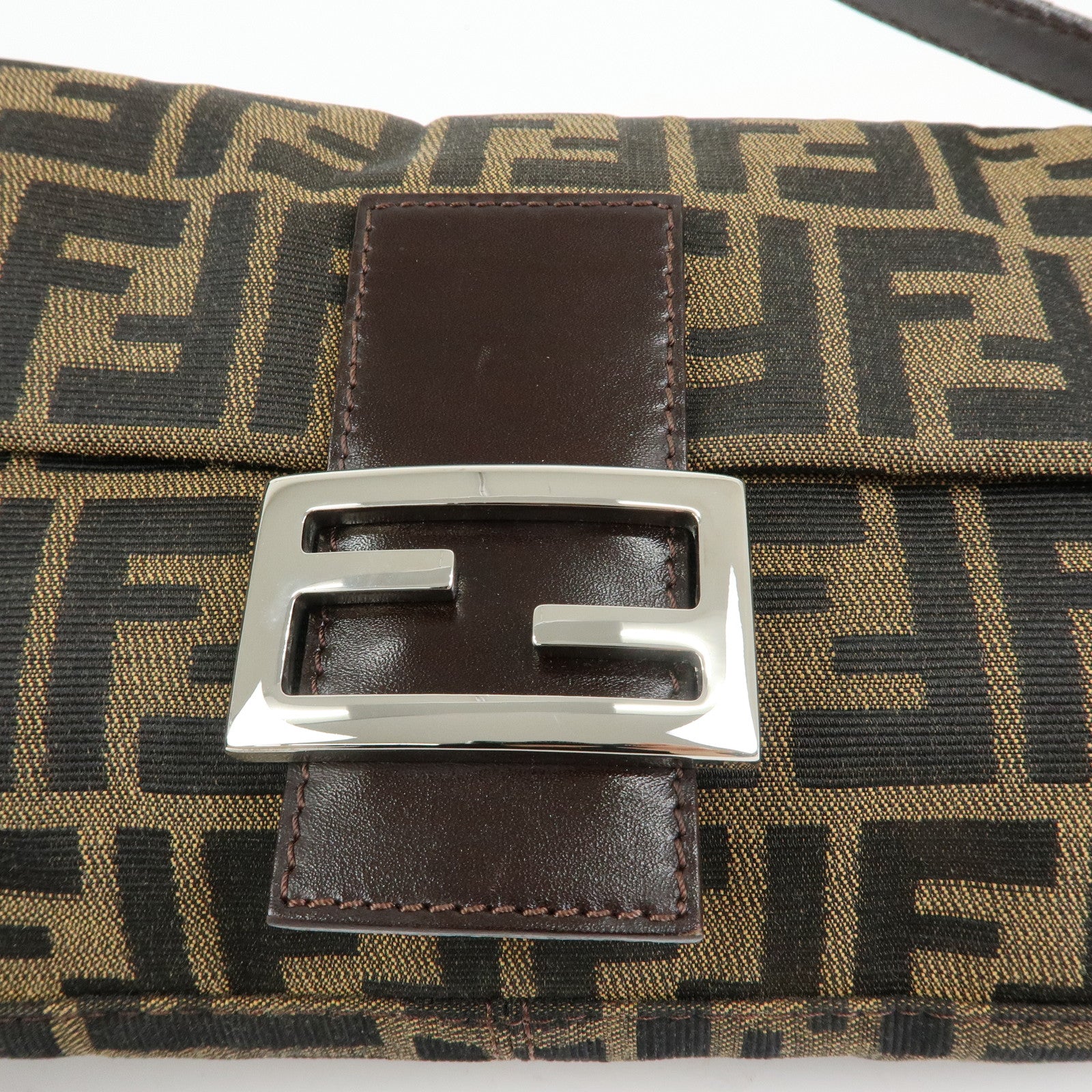 FENDI Mamma Baguette Zucca Canvas Leather Shoulder Bag Brown 26424