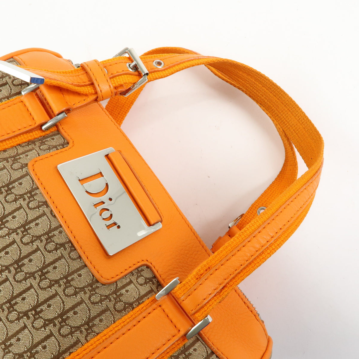 Christian Dior Trotter Jacquard Canvas Leather Hand Bag Beige Orange