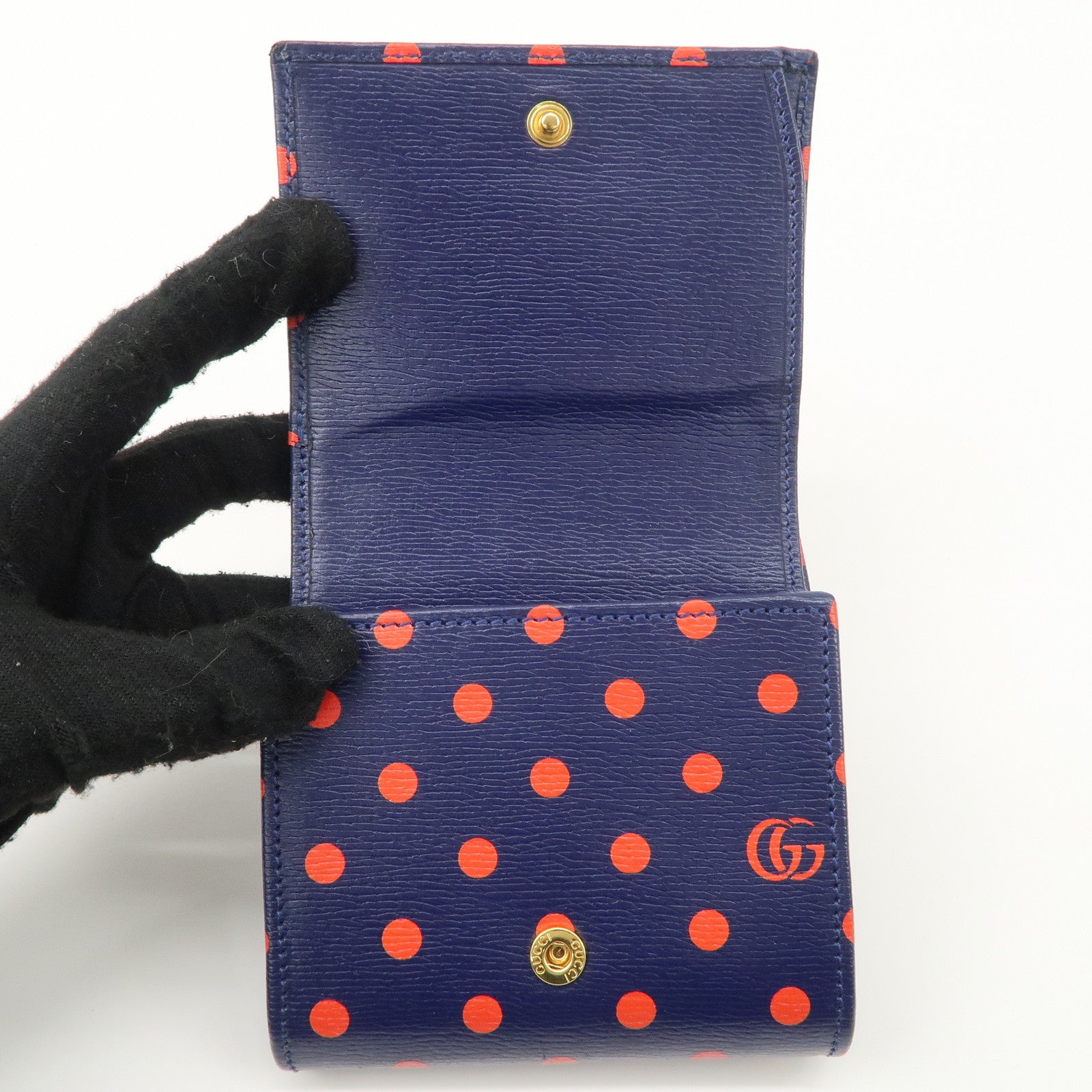GUCCI Horsebit Dots Pattern Leather Bi-fold Wallet Navy Red 621891 Used
