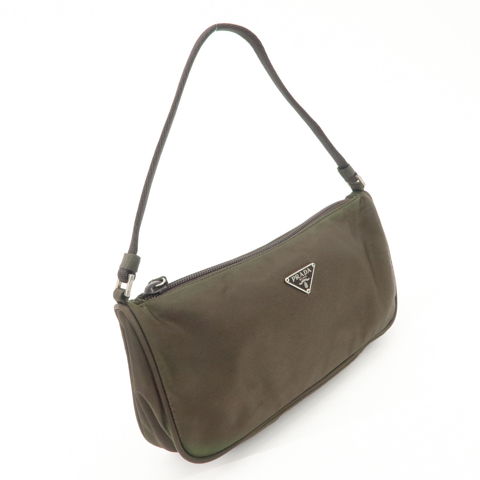 PRADA Triangle Logo Nylon Leather Accessory Pouch Hand Bag Khaki Silver HDW Used