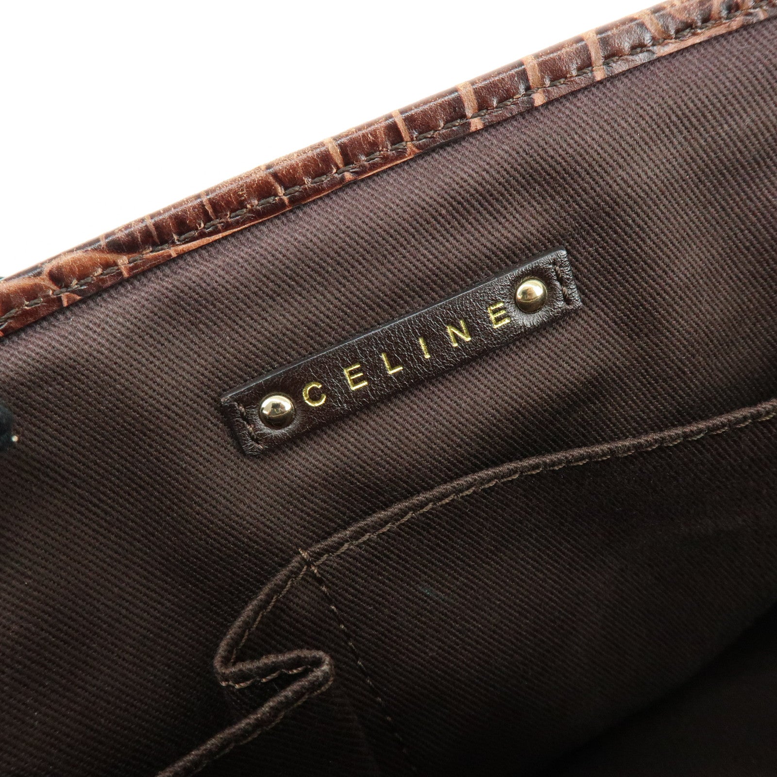 CELINE Macadam Boogie Bag Embossed Leather Canvas Hand Bag Brown
