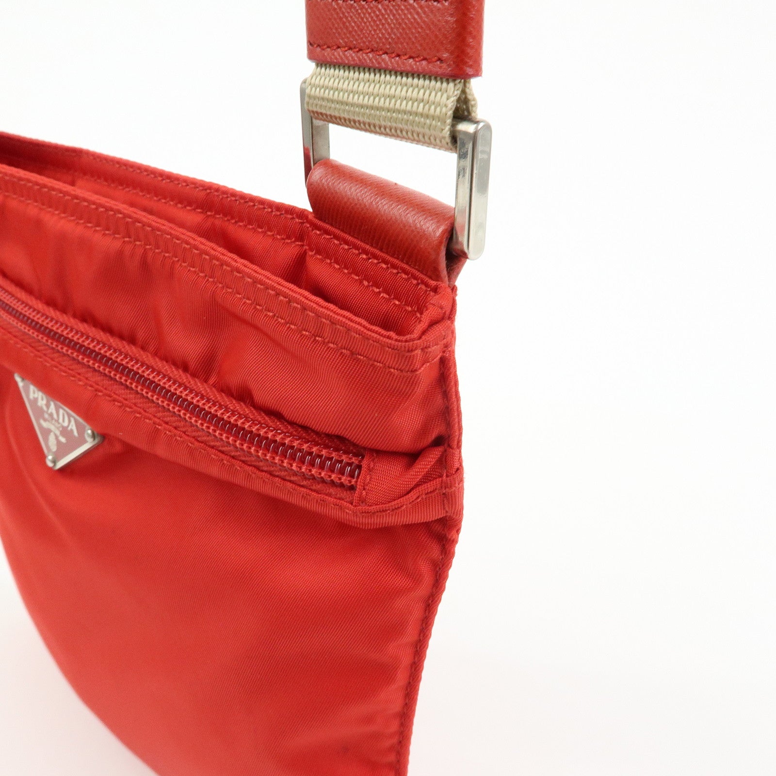PRADA Triangle Logo Nylon Shoulder Bag Crossbody Bag Red Beige B7372
