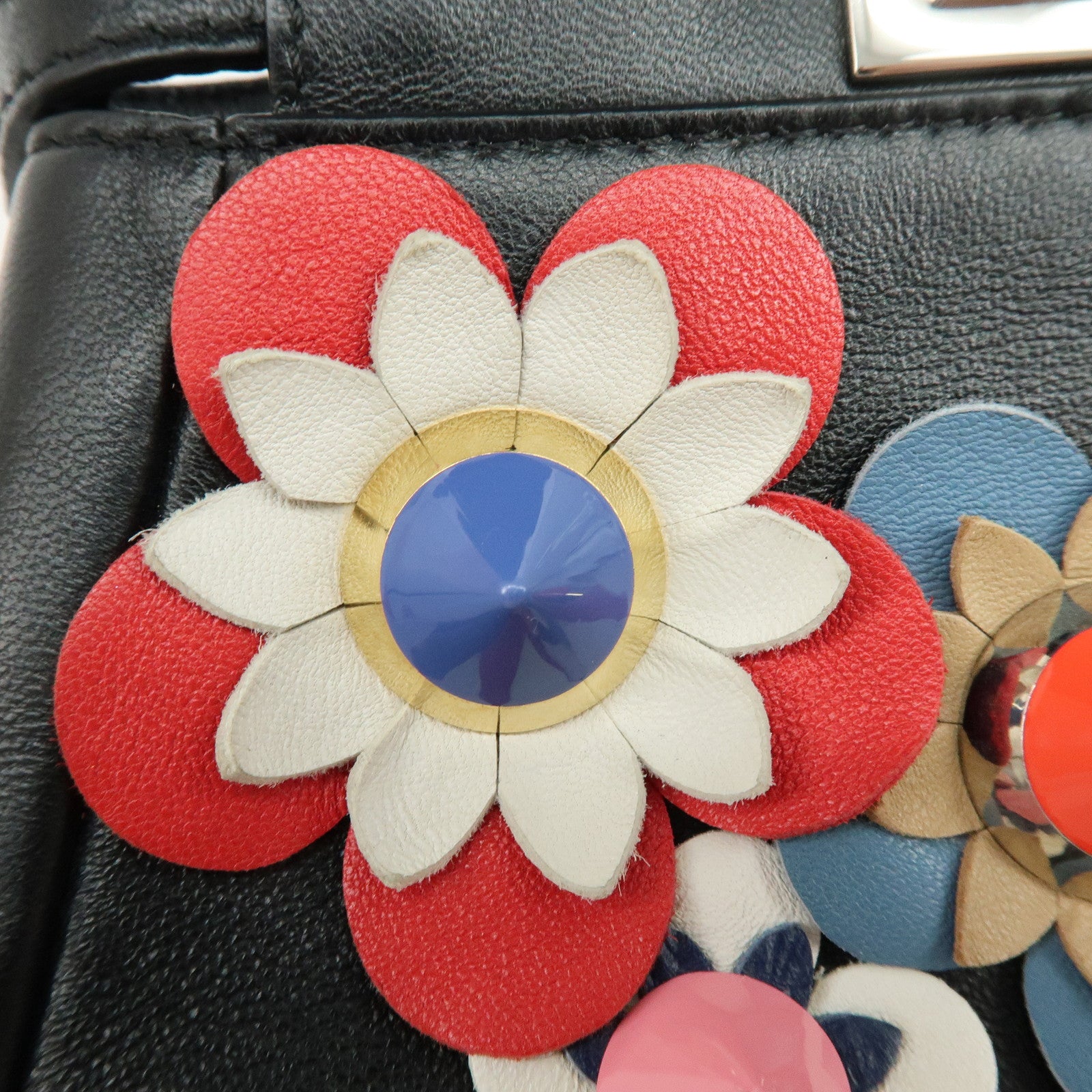 FENDI Micro Peekaboo Leather Flower Motif 2Way Hand Bag Black 8M0355