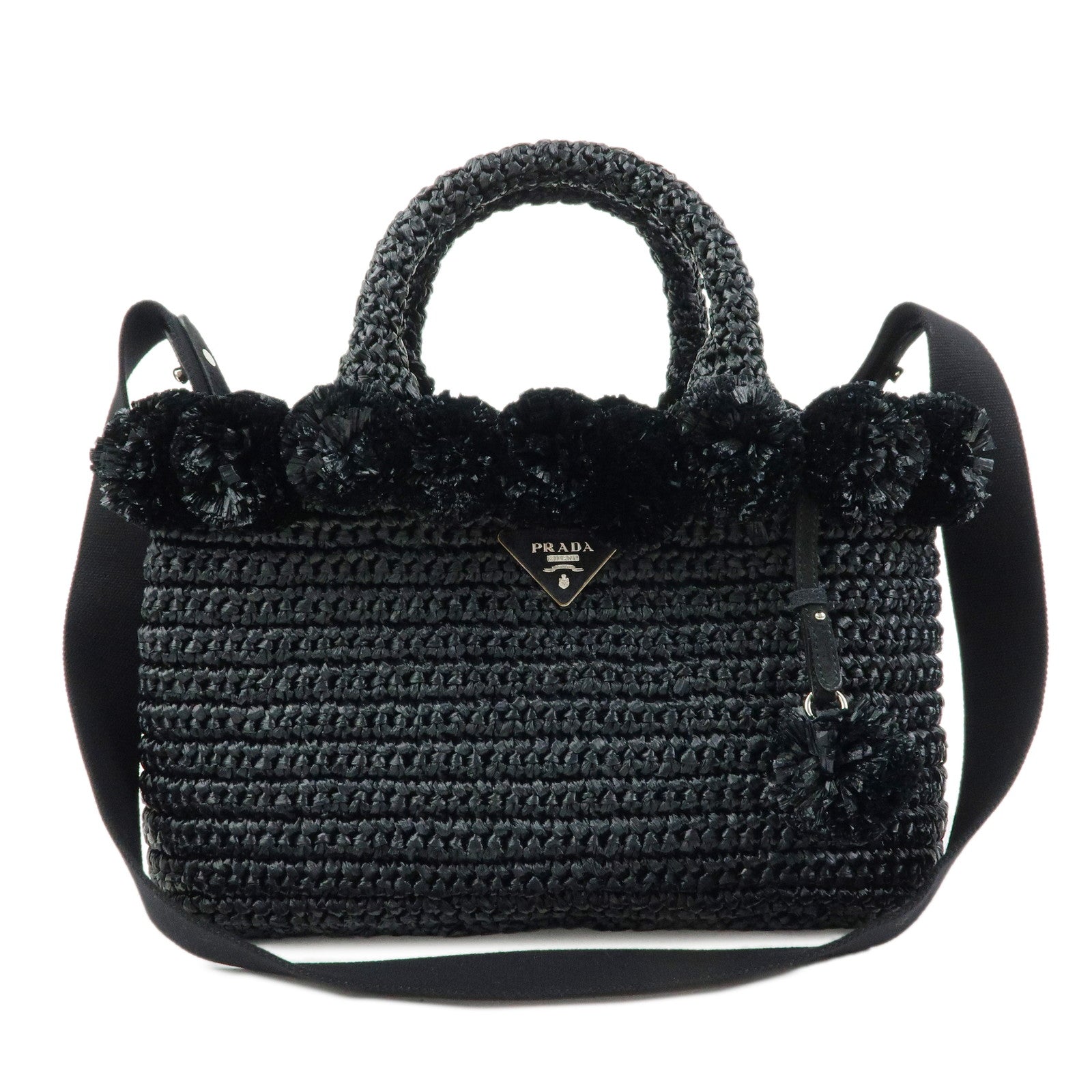 PRADA Triangle Logo Canapa Raffia Pon Pon 2Way Shoulder Tote Bag Black