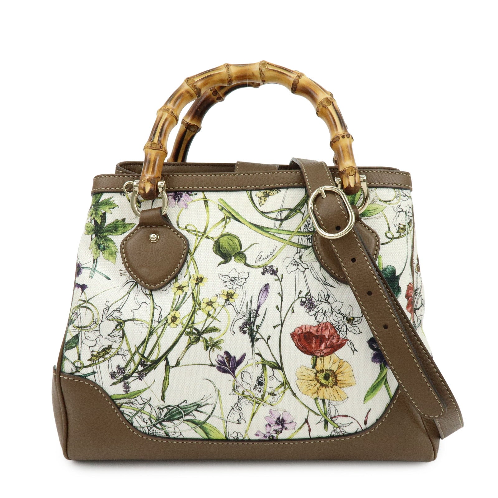 GUCCI Bamboo Canvas Leather 2Way Hand Bag Flower Print Brown 308360