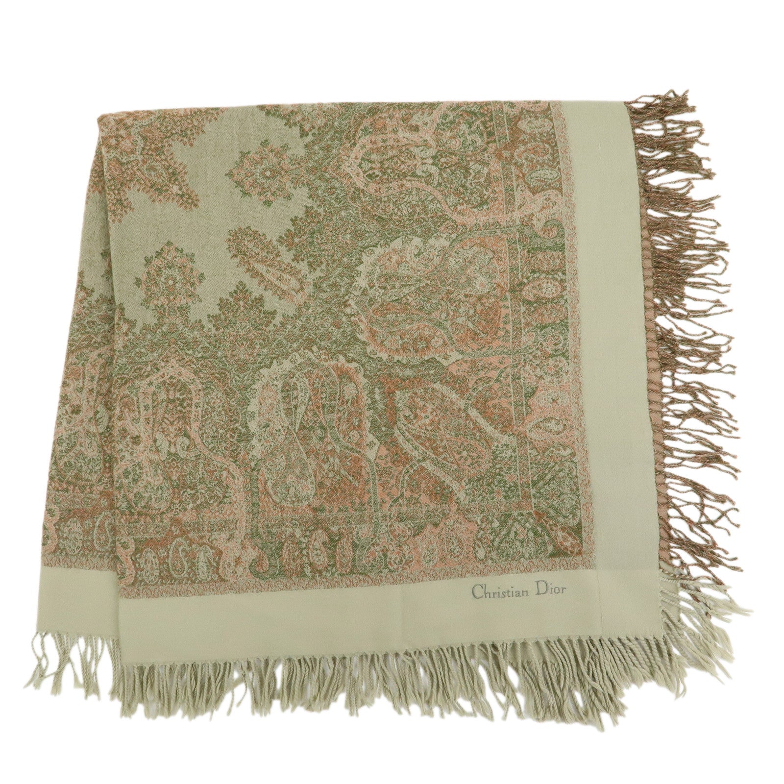 Christian Dior Wool 100% Scarf Paisley Stole Green Coral