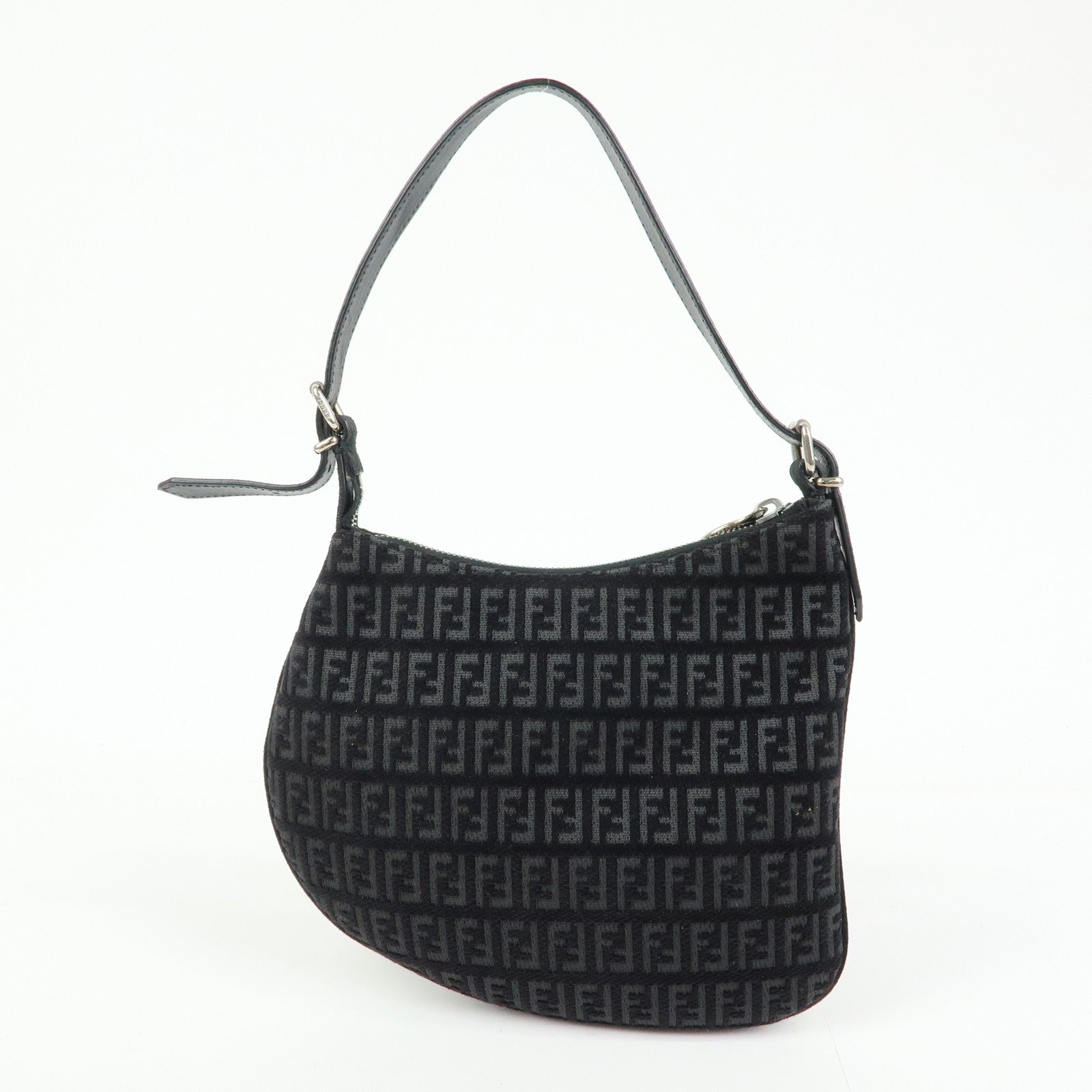 FENDI Zucchino Canvas Leather Shoulder Bag Hand Bag Black 8BR248