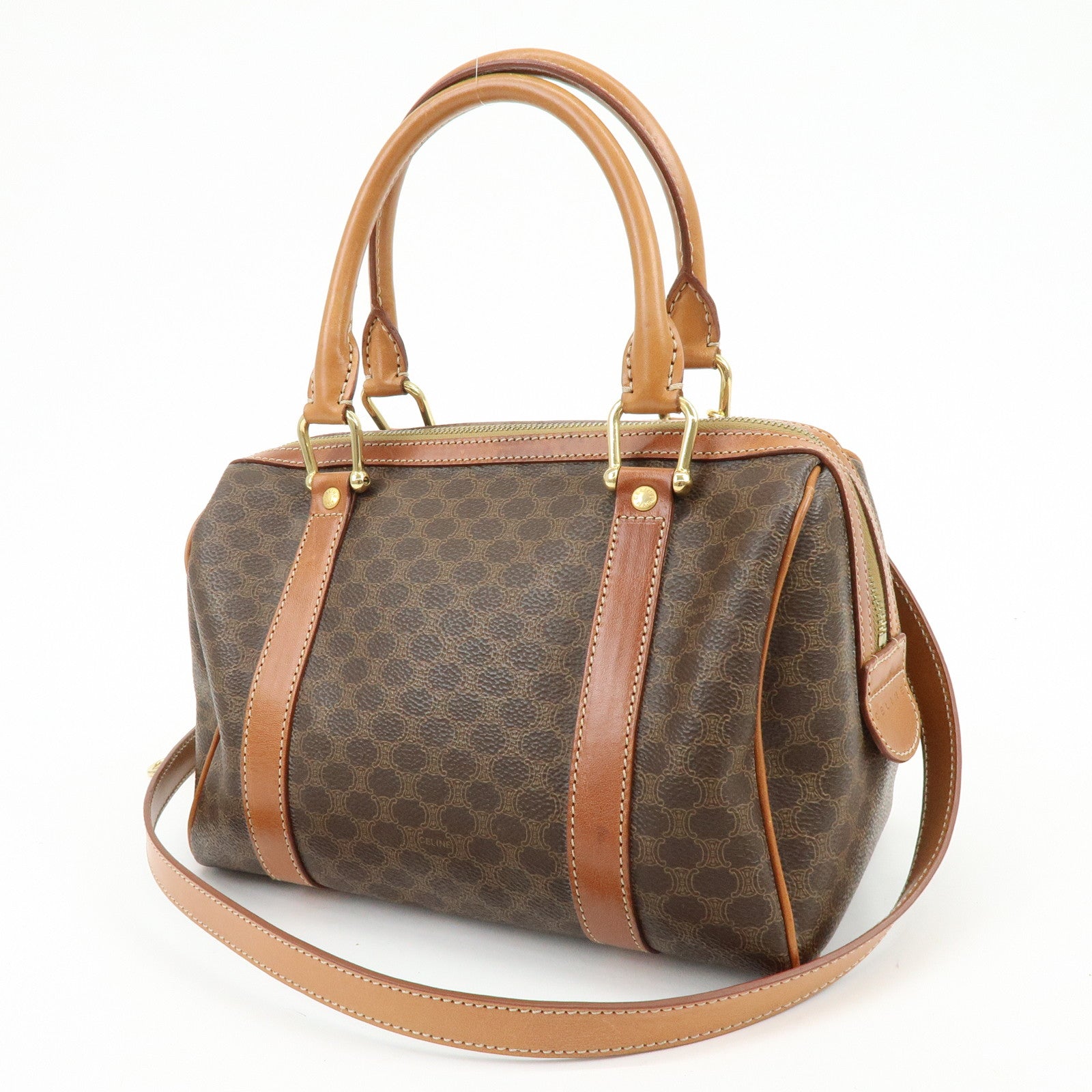CELINE Macadam Logo PVC Leather 2Way Boston Bag Hand Bag Brown