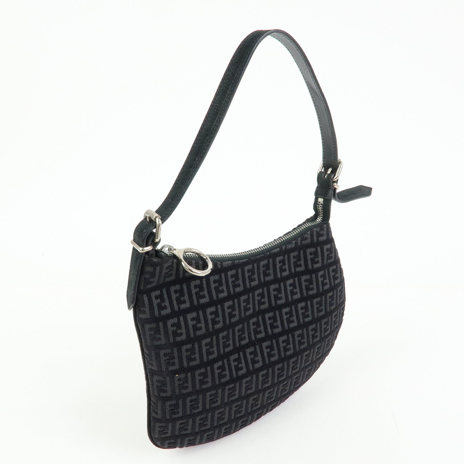 FENDI Zucchino Canvas Leather Shoulder Bag Hand Bag Black 8BR248