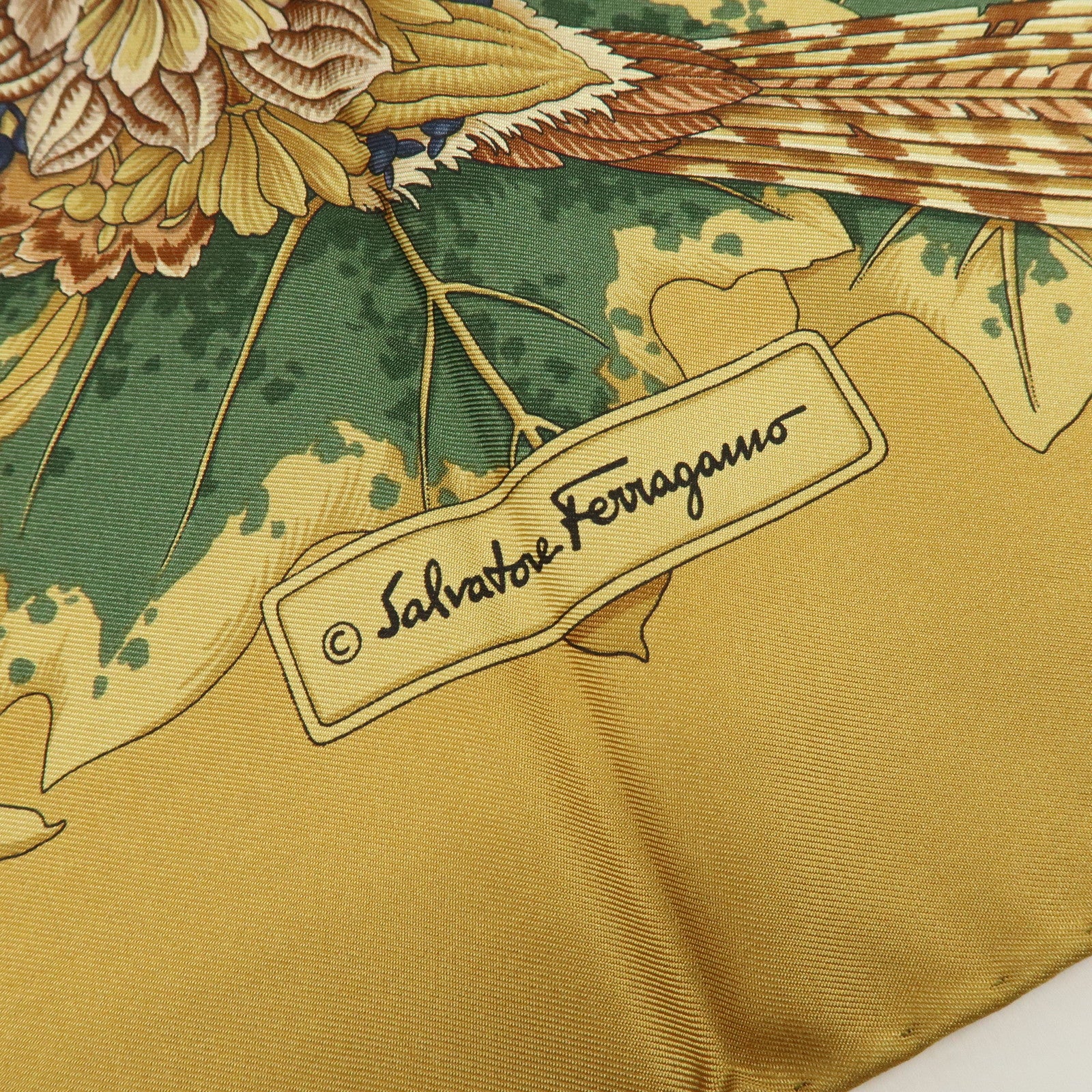 Ferragamo Silk 100% Scarf Bird Print Khaki Brown
