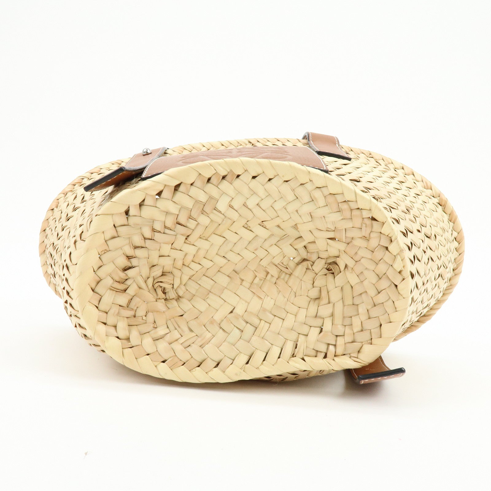LOEWE Raffia Leather Basket Bag Hand Bag Natural Tan