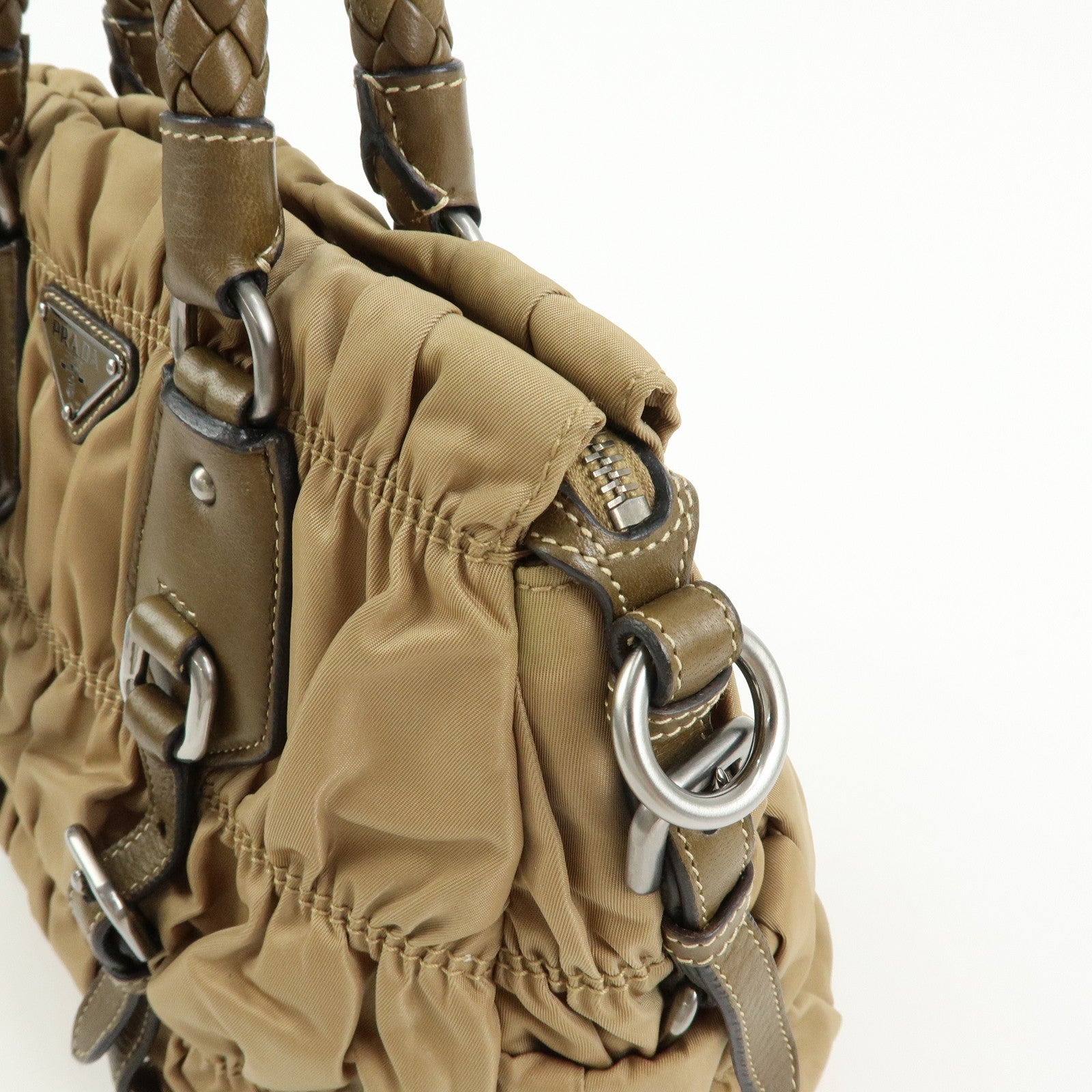 PRADA Triangle Logo Nylon Leather Tessuto Gaufre Hand Bag Brown