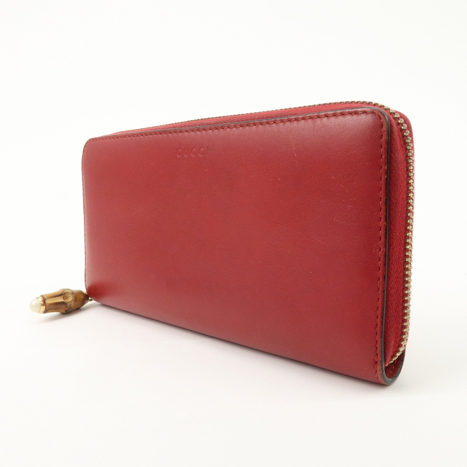 GUCCI Bamboo Leather Round Zippy Wallet Long Wallet Red Used