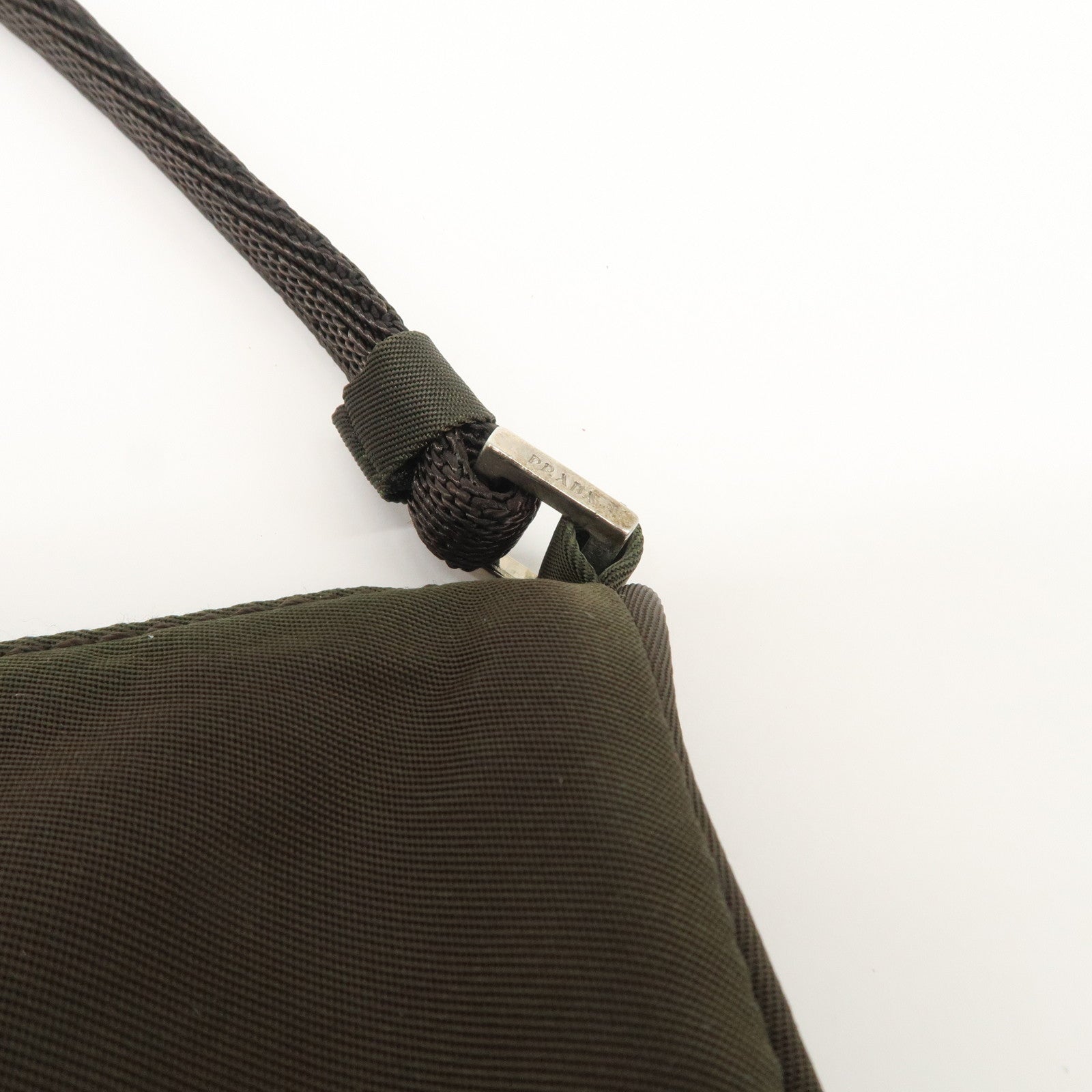 PRADA Triangle Logo Nylon Leather Accessory Pouch Hand Bag Khaki Silver HDW Used