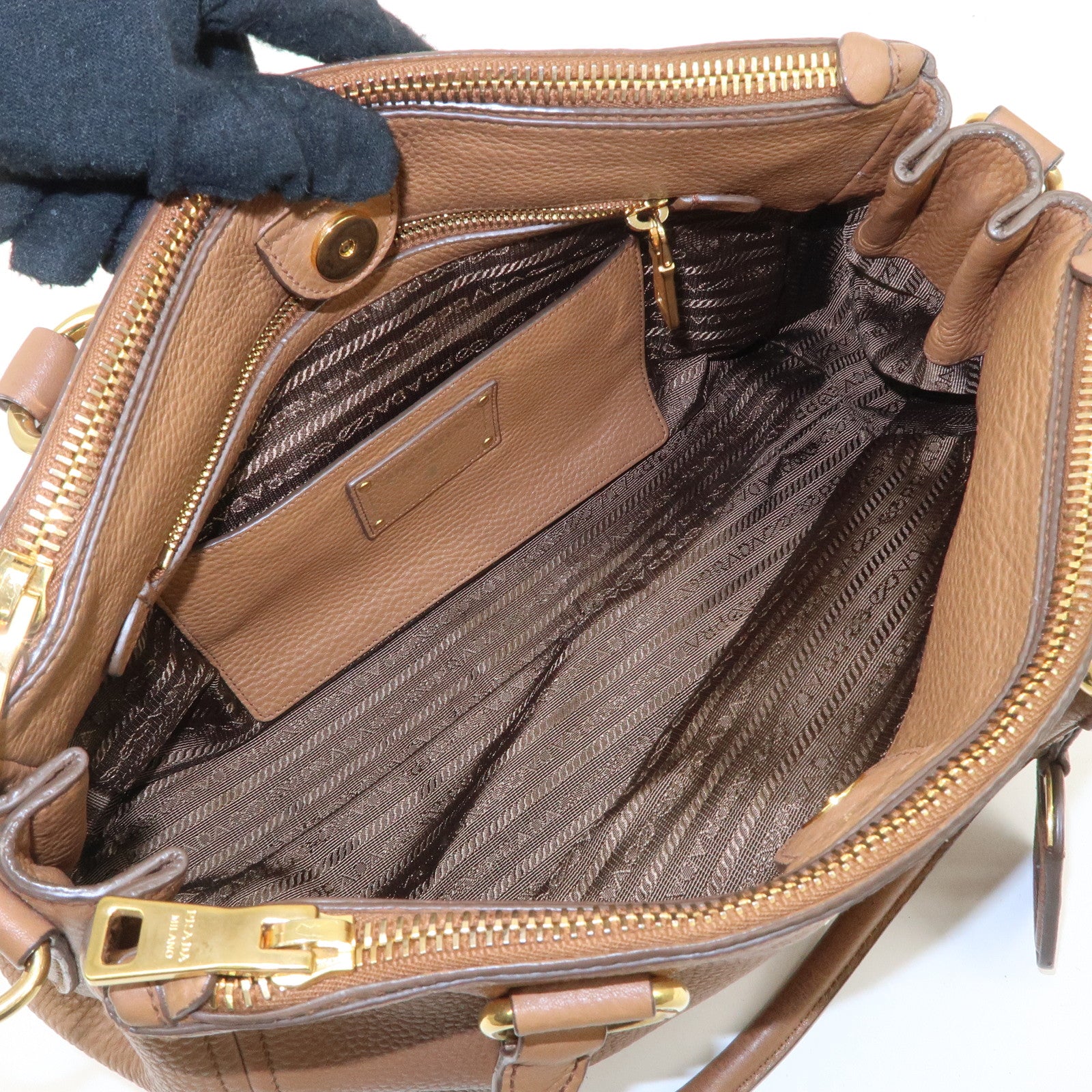 PRADA Logo Leather 2WAY Tote Bag Hand Bag Brown Gold Hardware Used