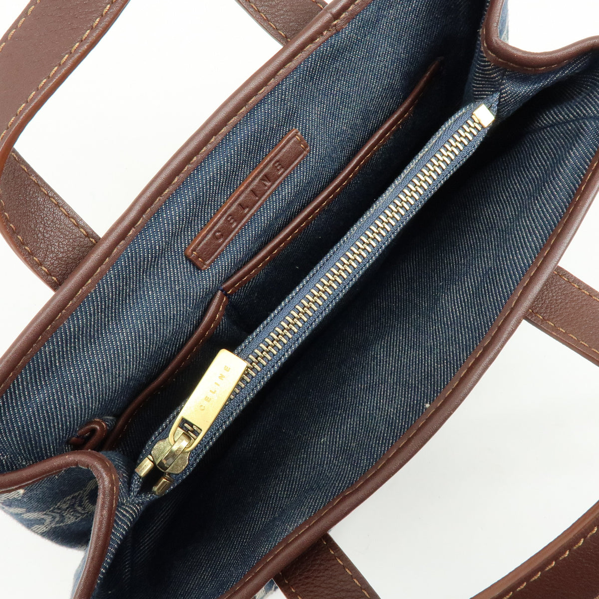 CELINE Paris Macadam Denim Leather Mini Tote Hand Bag Navy Brown