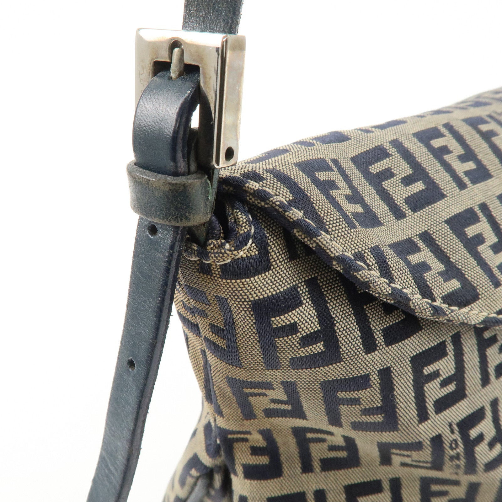 FENDI Zucchino Canvas Leather Shoulder Bag Hand Bag Grey Navy 26796 Used