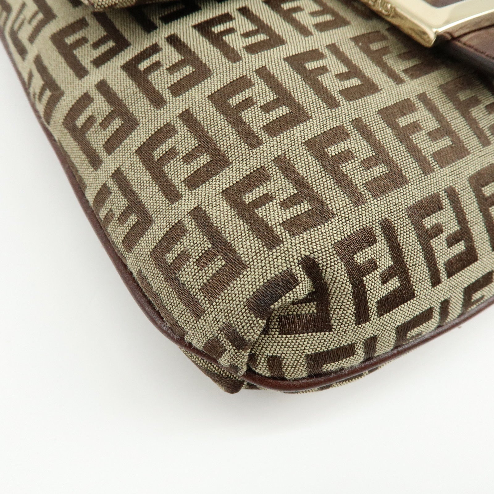 FENDI Zucchino Canvas Leather Shoulder Bag Beige Brown 8BT075