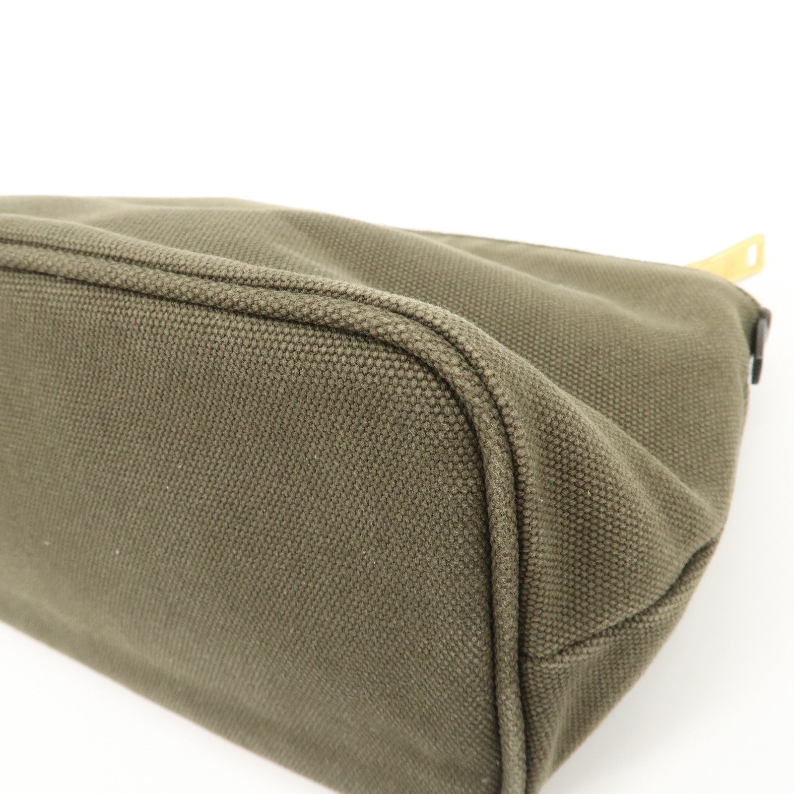 PRADA Triangle Logo Canvas Leather Cosmetic Pouch Khaki 1N1857 Used