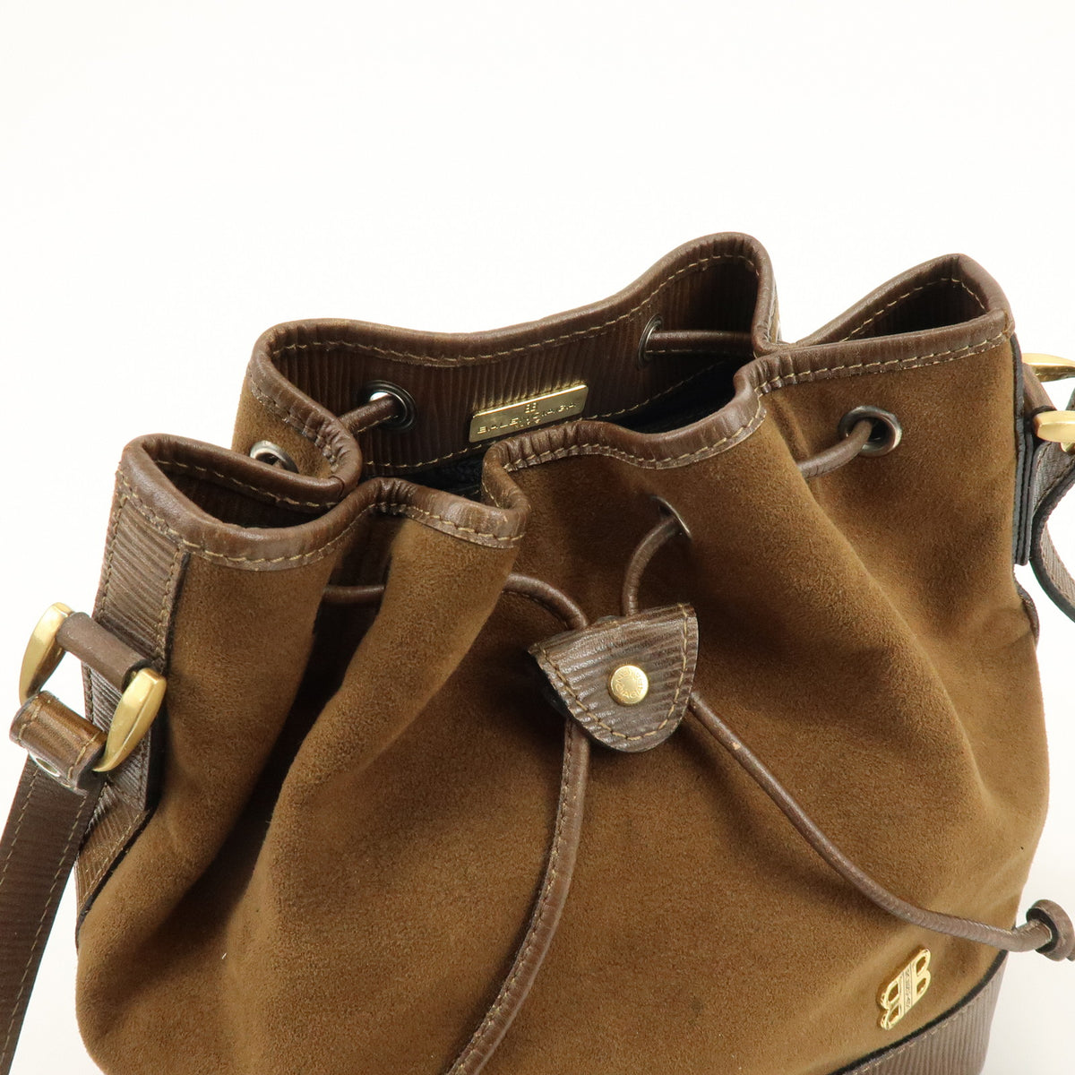 BALENCIAGA BB Logo Suede Leather Shoulder Bag Bucket Bag Brown