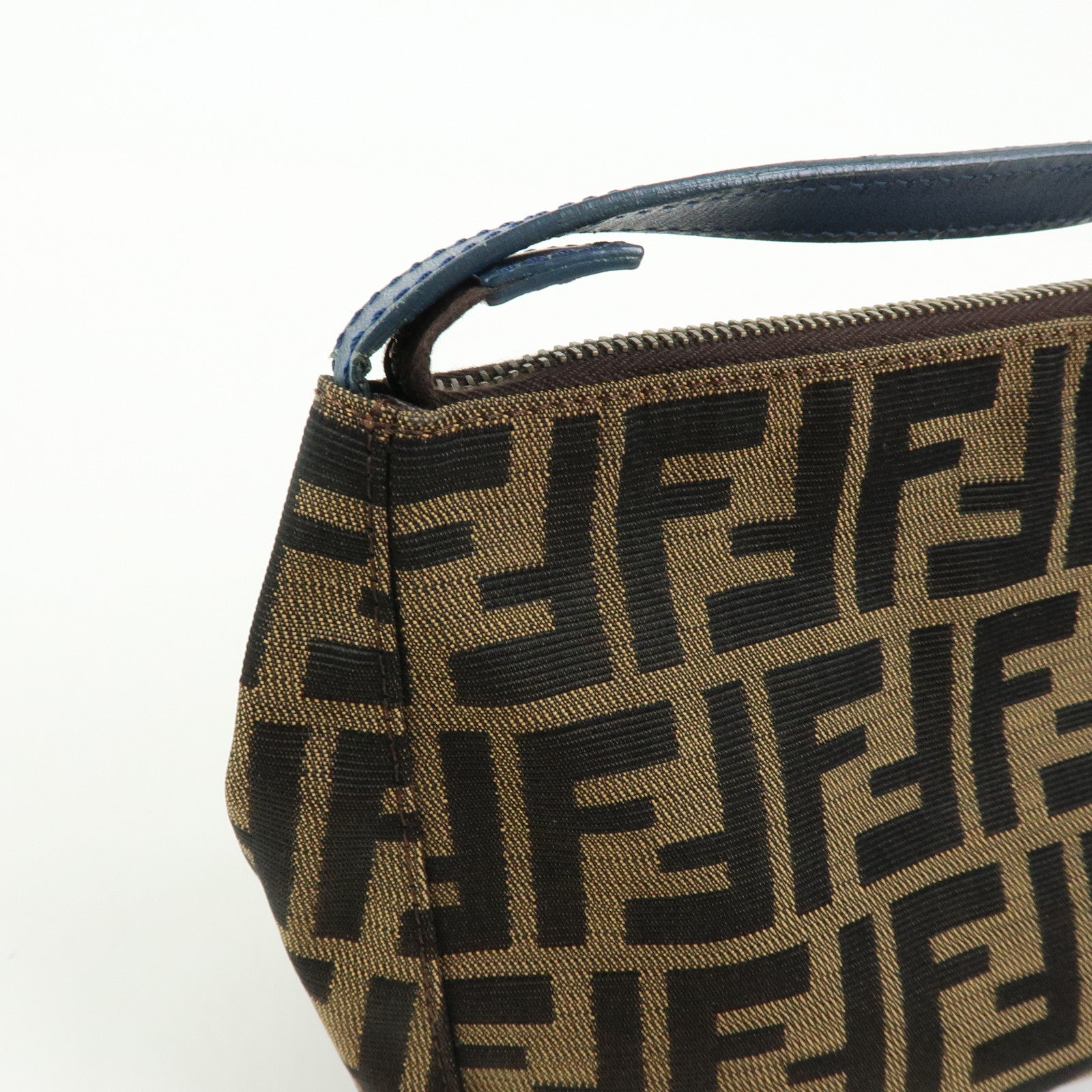 FENDI Zucca Canvas Leather Hand Bag Accessory Pouch Brown Blue 8N0005