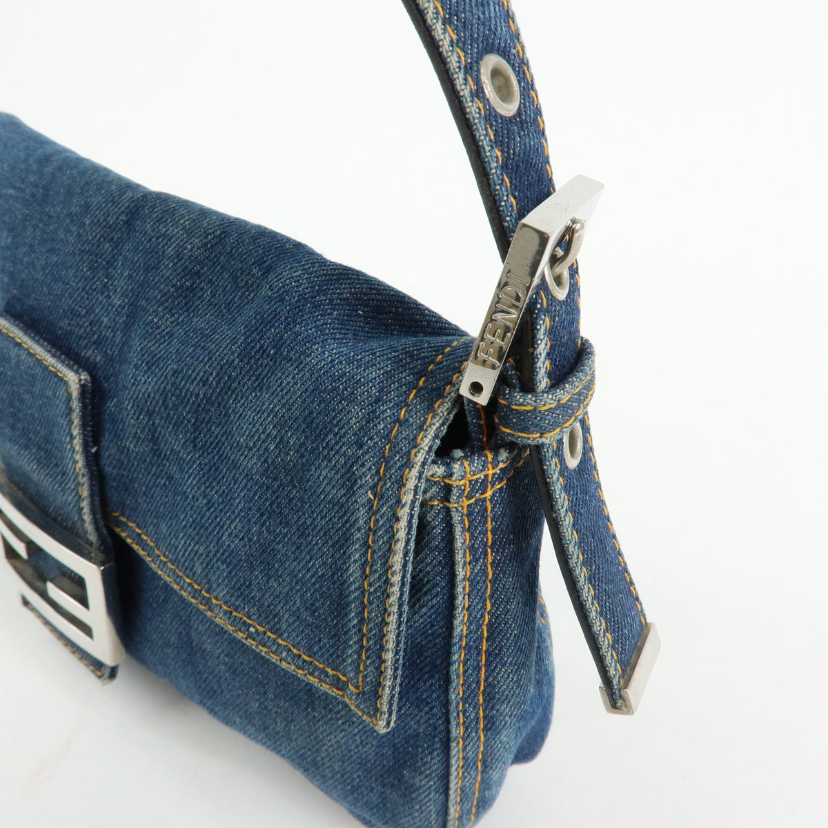 FENDI Mamma Baguette Denim Leather Shoulder Bag Blue 26424