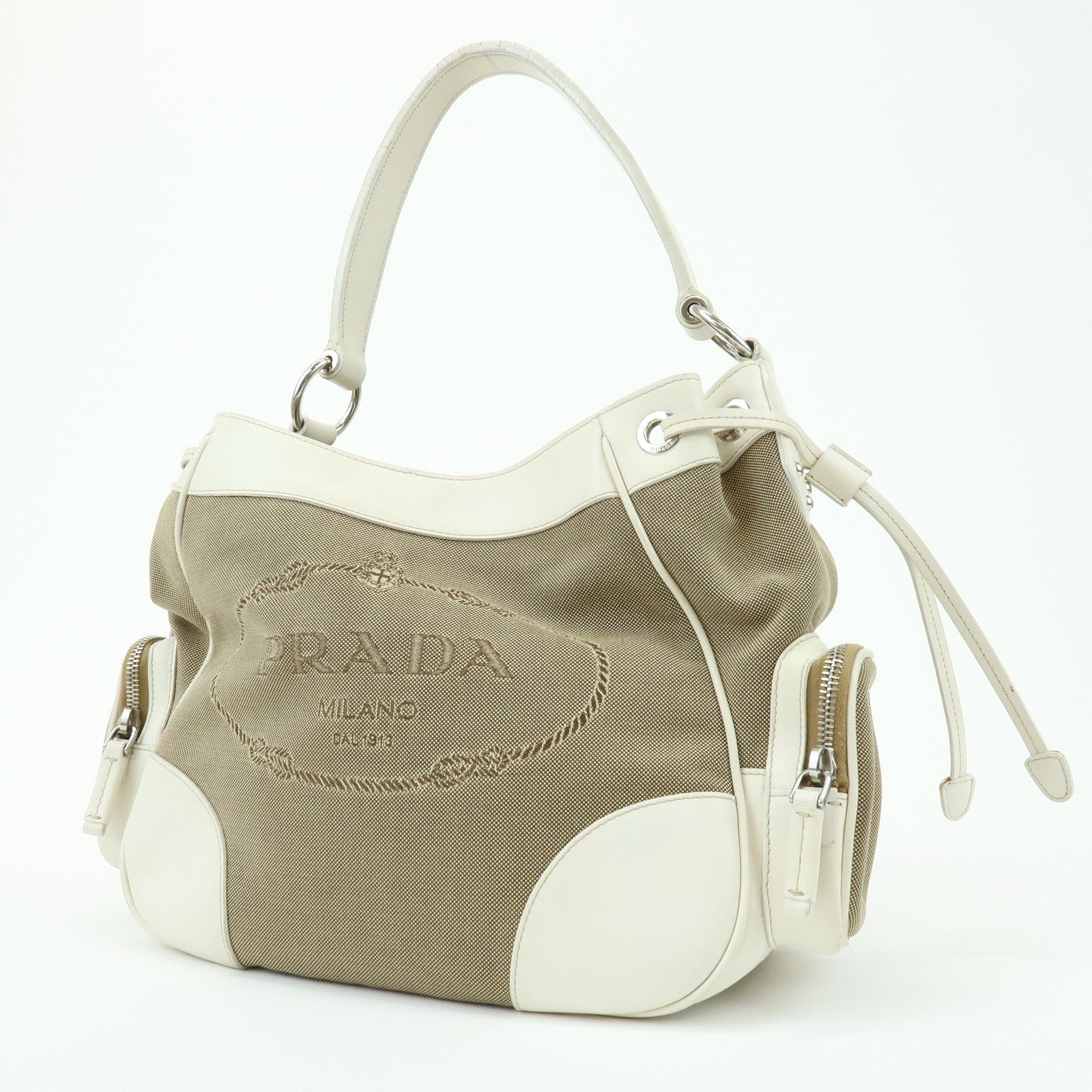 PRADA Triangle Logo Nylon Jacquard Leather Shoudler Bag Beige Ivory