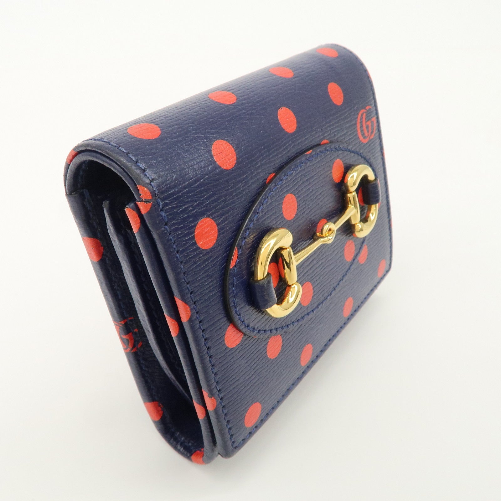GUCCI Horsebit Dots Pattern Leather Bi-fold Wallet Navy Red 621891 Used