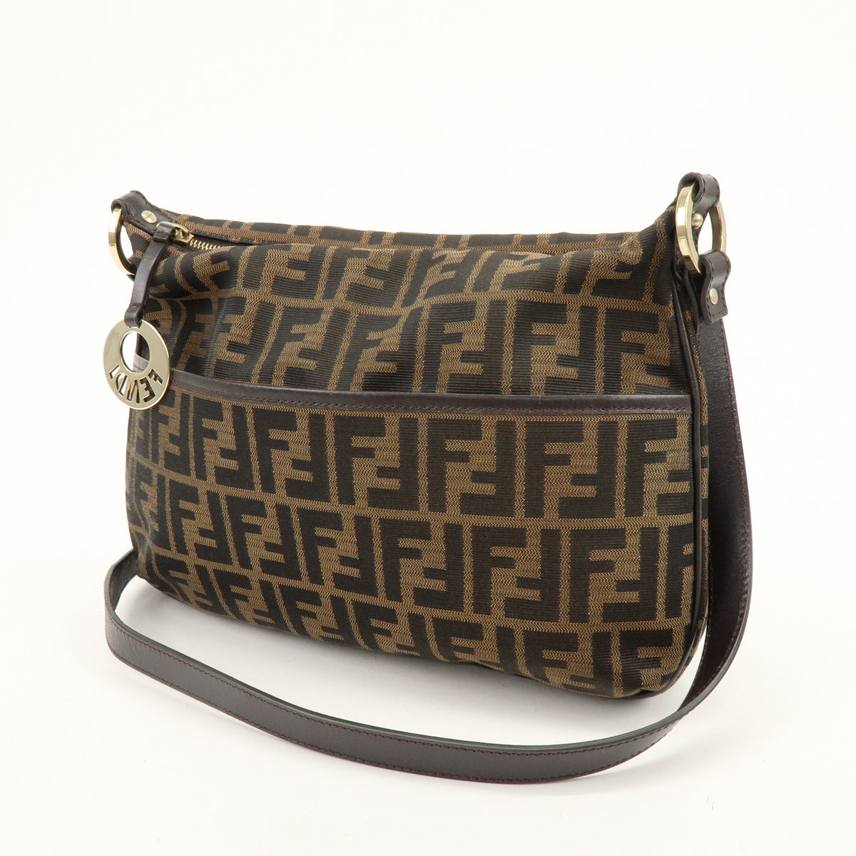 FENDI Zucca Canvas Leather Shoulder Bag Brown Black 8BT190