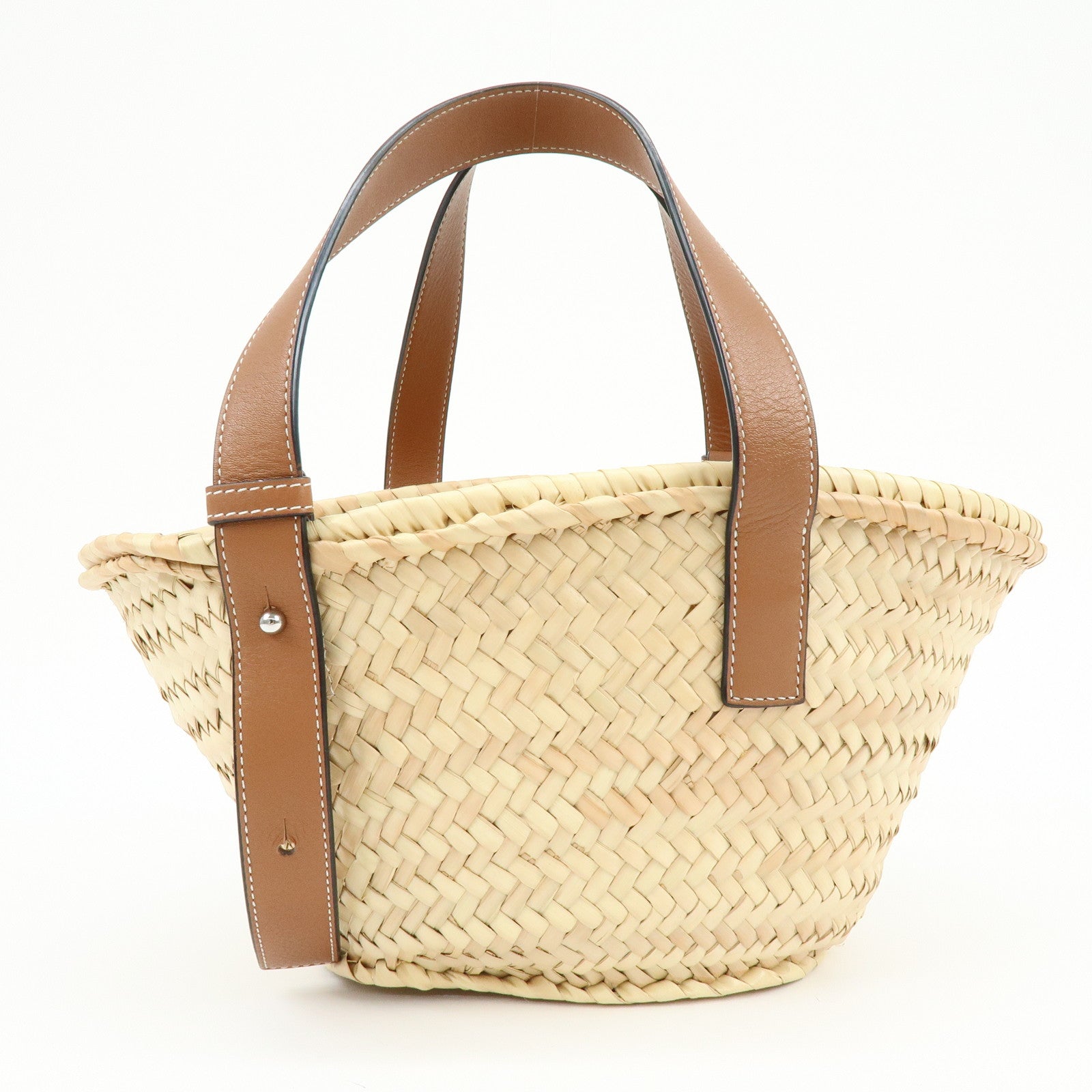 LOEWE Raffia Leather Basket Bag Hand Bag Natural Tan