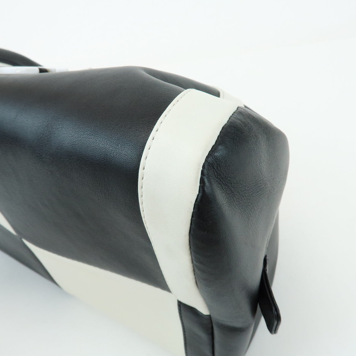 CHANEL COCO Mark Bicolor Lamb Skin Bowling Bag Hand Bag Black White