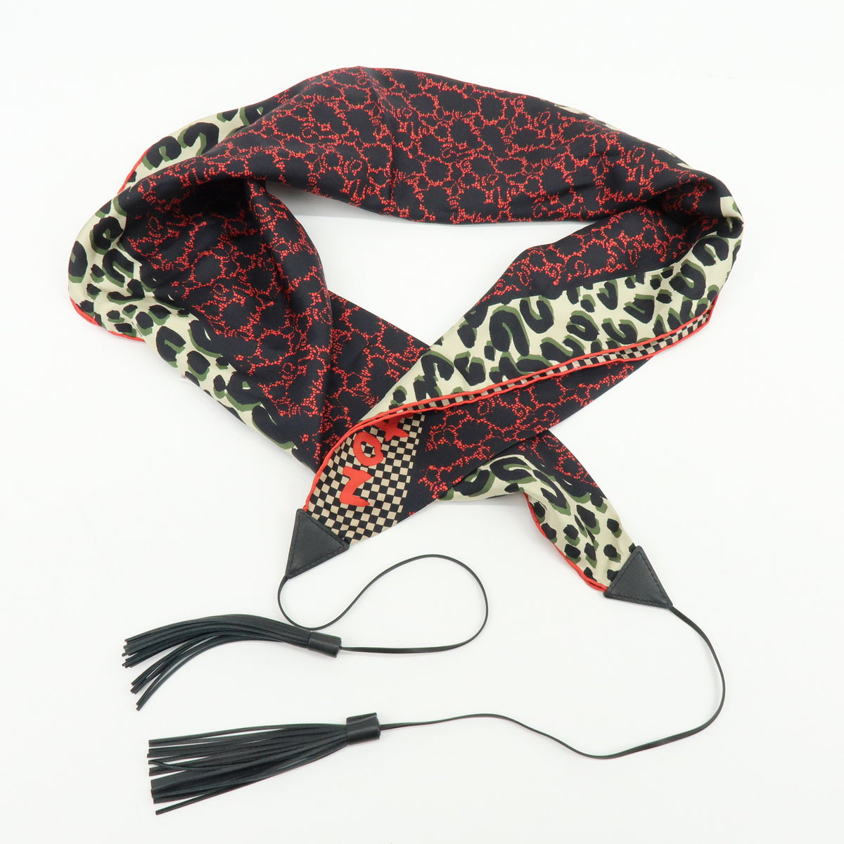 Louis Vuitton Silk 100% Calf Skin Scarf Bandana Tassel Black Red
