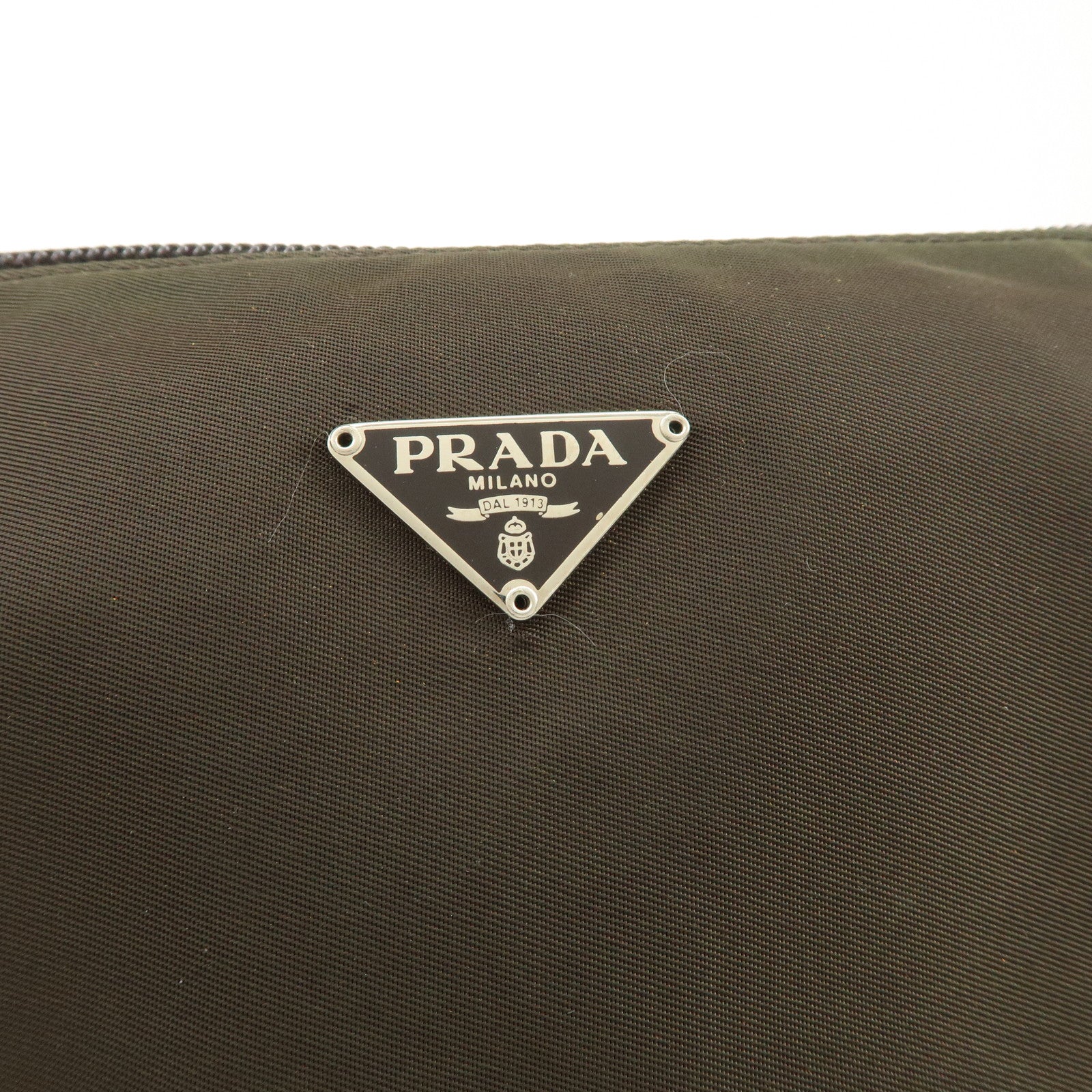 PRADA Triangle Logo Nylon Leather Accessory Pouch Hand Bag Khaki Silver HDW Used