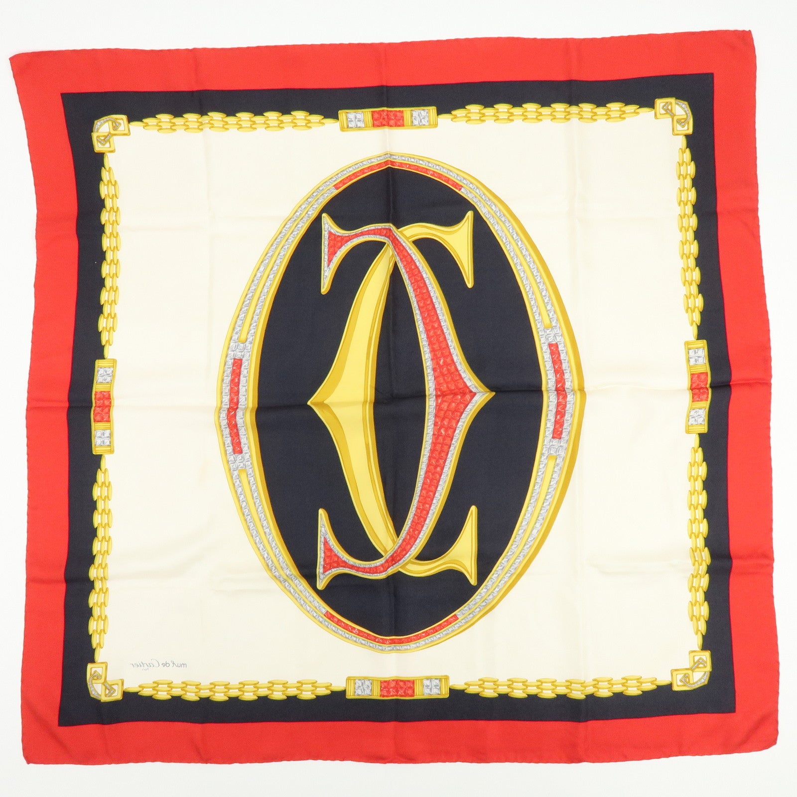 Cartier Lot of 2 Silk 100% Scarf Classic Chain Leopard Yellow Red White