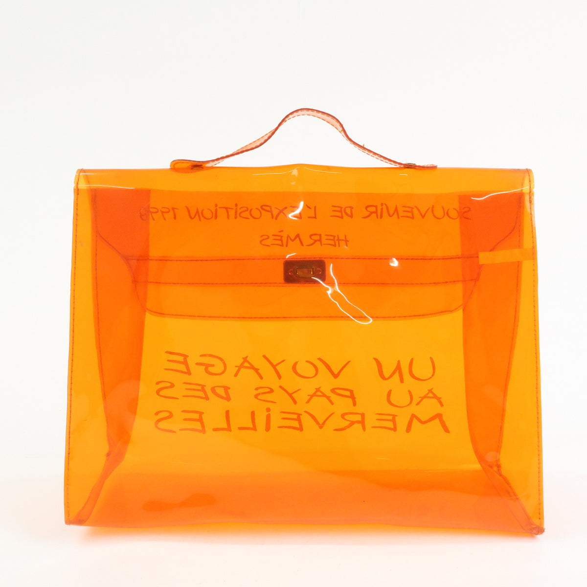 HERMES Vinyl Kelly Clear Hand Bag Transparent Orange