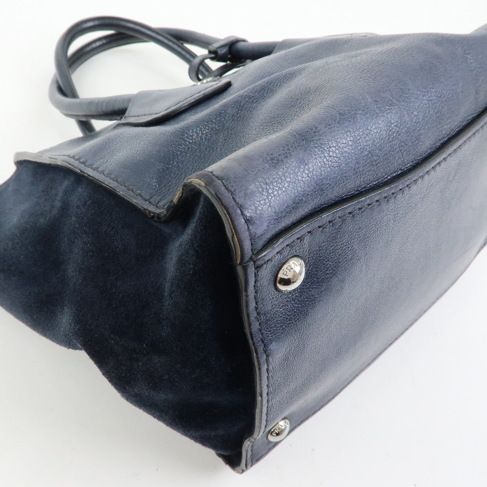 PRADA Triangle Logo Leather 2Way Bag Tote Bag Hand Bag Navy B2625M
