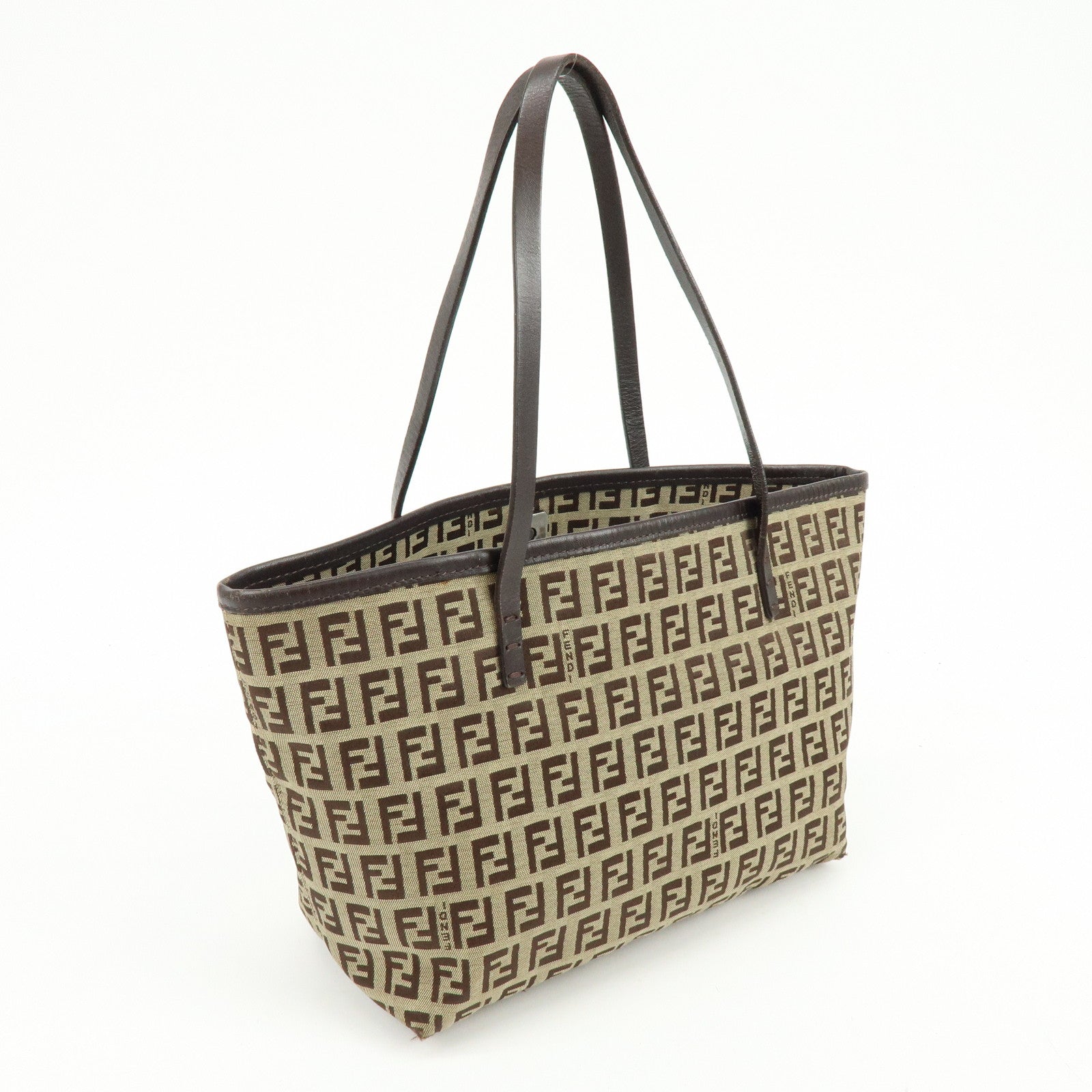 FENDI Zucchino Canvas Leather Tote Bag Hand Bag Shoulder Bag Brown