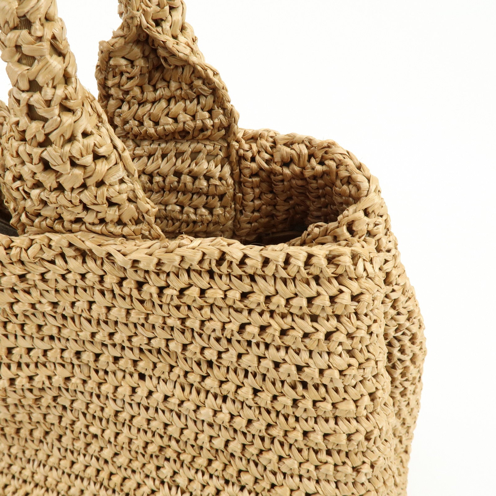 PRADA Triangle Logo Raffia Tote Bag Hand Bag Shoulder Bag Beige